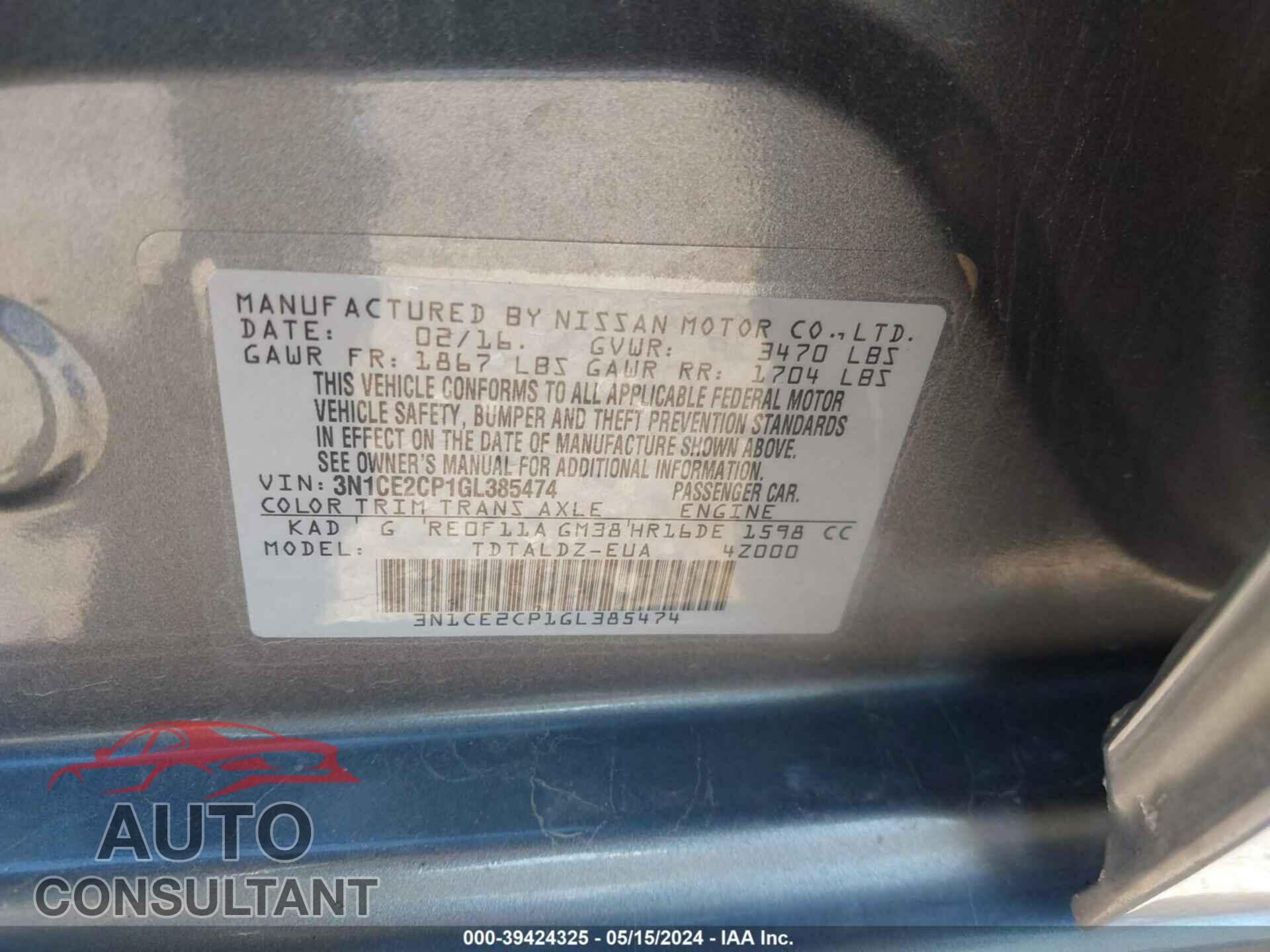 NISSAN VERSA NOTE 2016 - 3N1CE2CP1GL385474