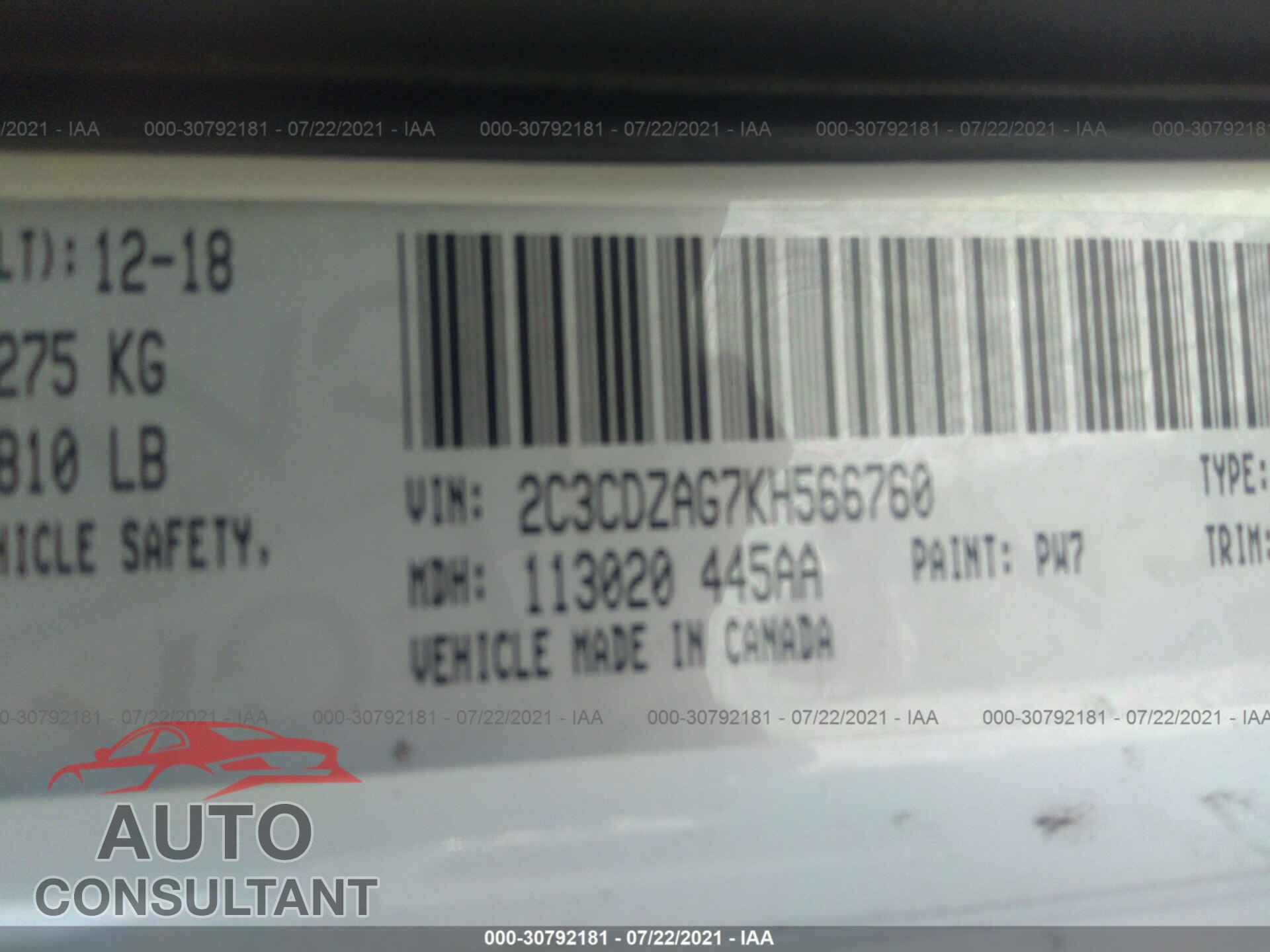 DODGE CHALLENGER 2019 - 2C3CDZAG7KH566760
