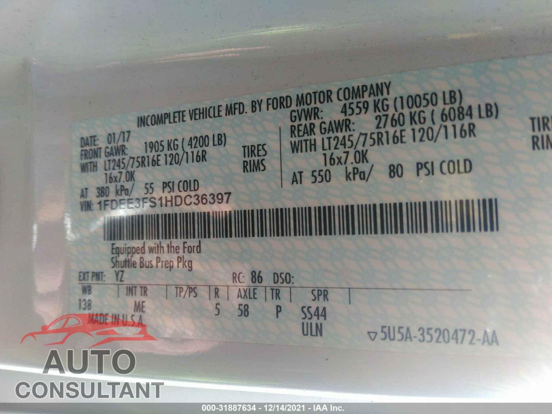 FORD E-SERIES CUTAWAY 2017 - 1FDEE3FS1HDC36397