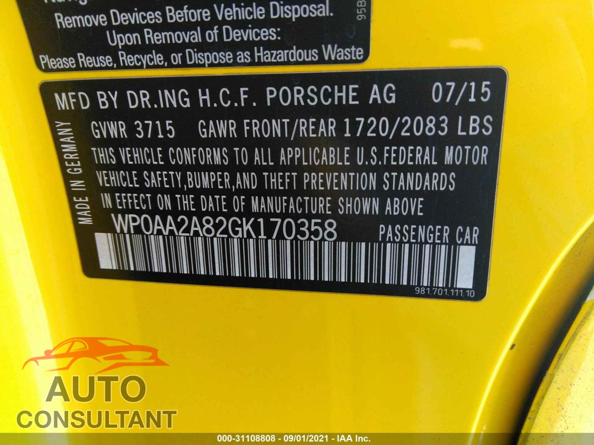 PORSCHE CAYMAN 2016 - WP0AA2A82GK170358