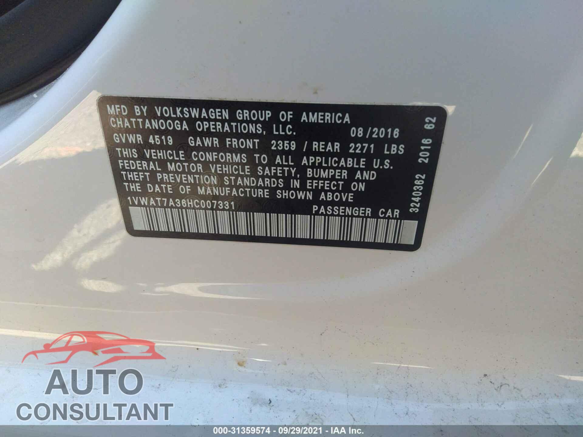 VOLKSWAGEN PASSAT 2017 - 1VWAT7A36HC007331