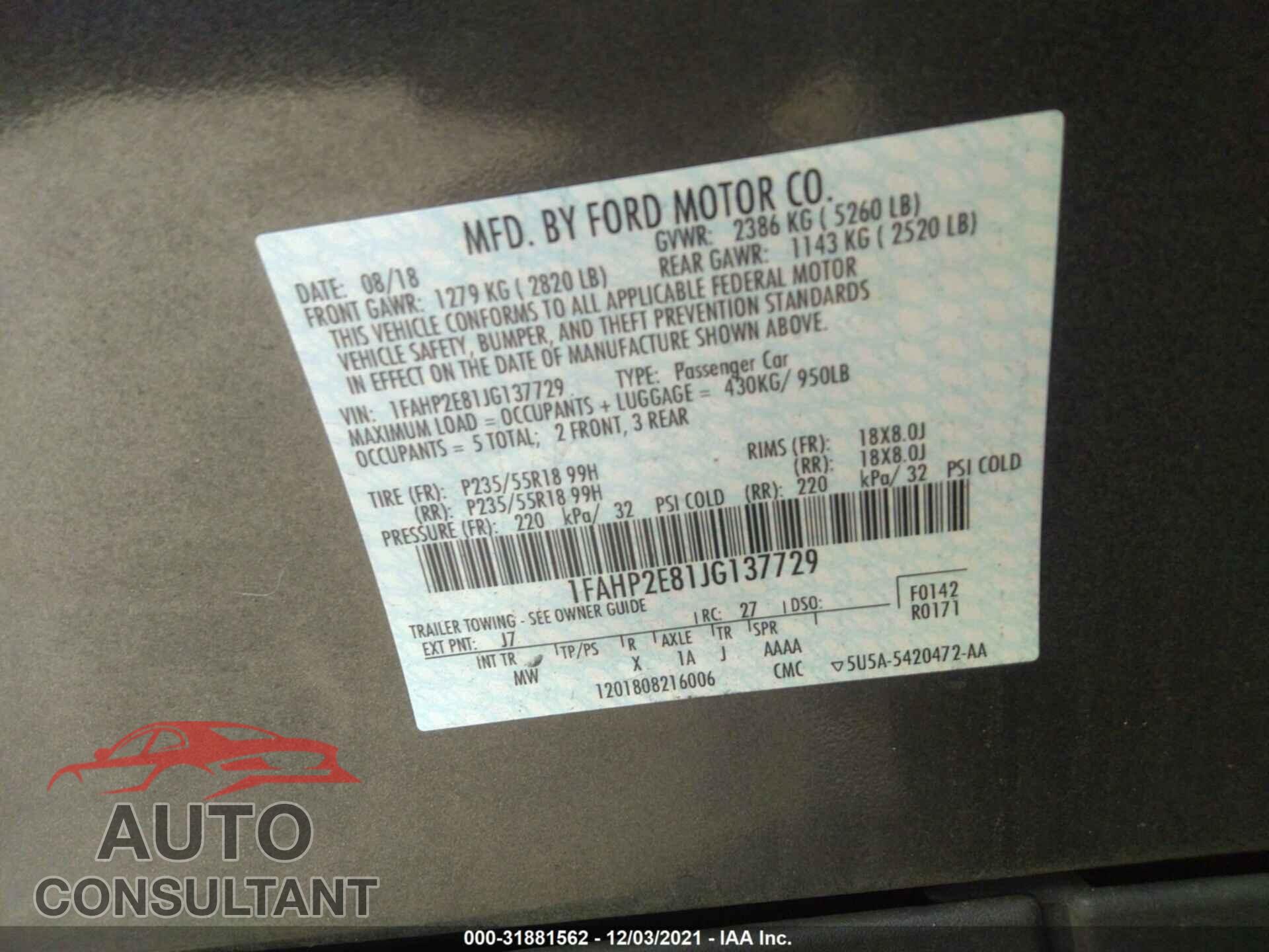 FORD TAURUS 2018 - 1FAHP2E81JG137729