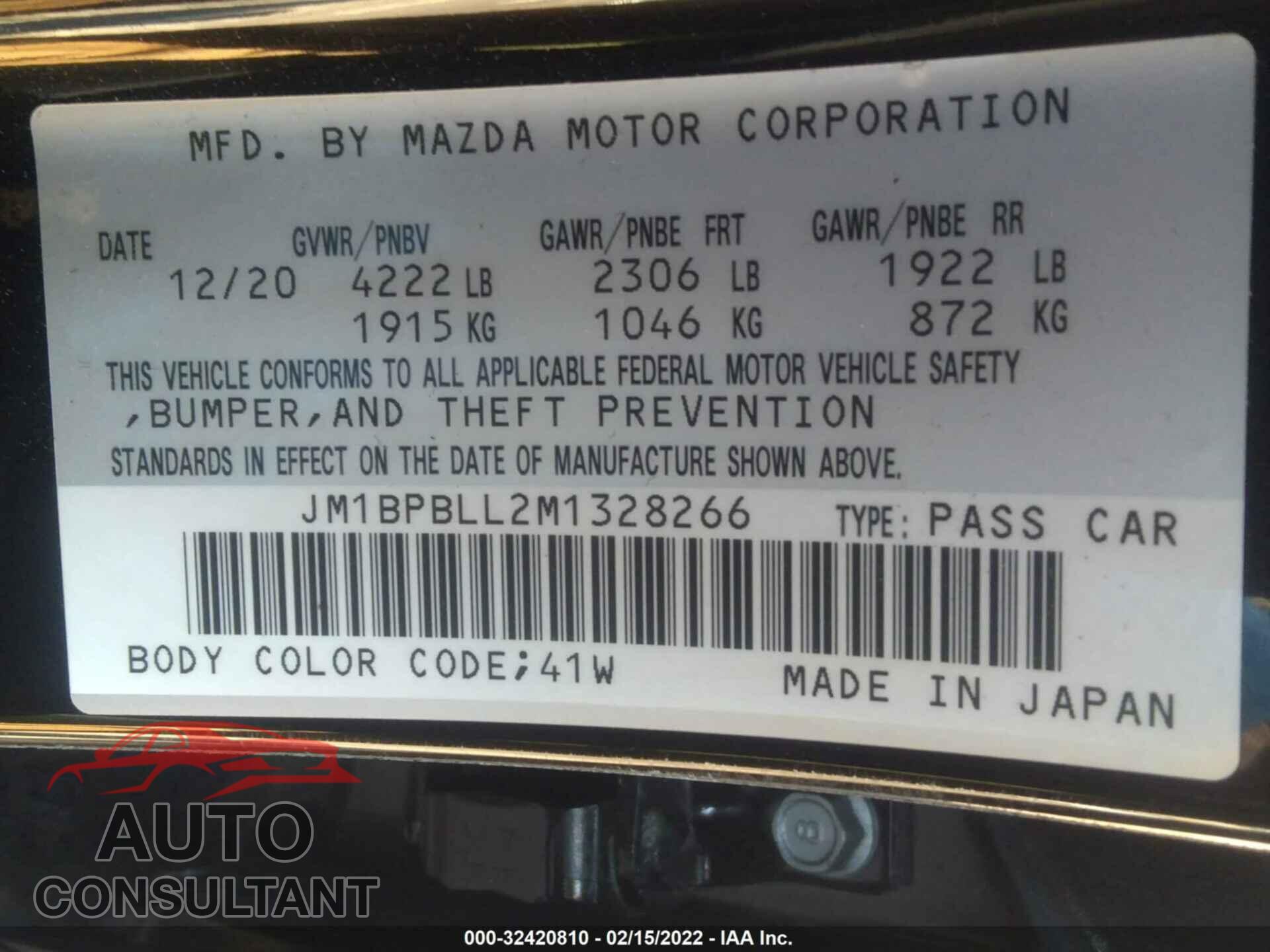 MAZDA MAZDA3 HATCHBACK 2021 - JM1BPBLL2M1328266
