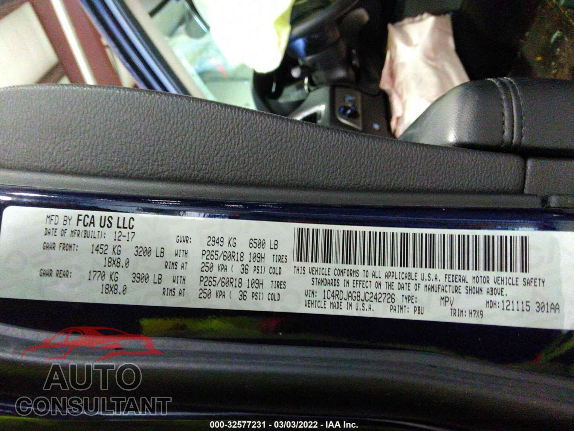 DODGE DURANGO 2018 - 1C4RDJAG8JC242726