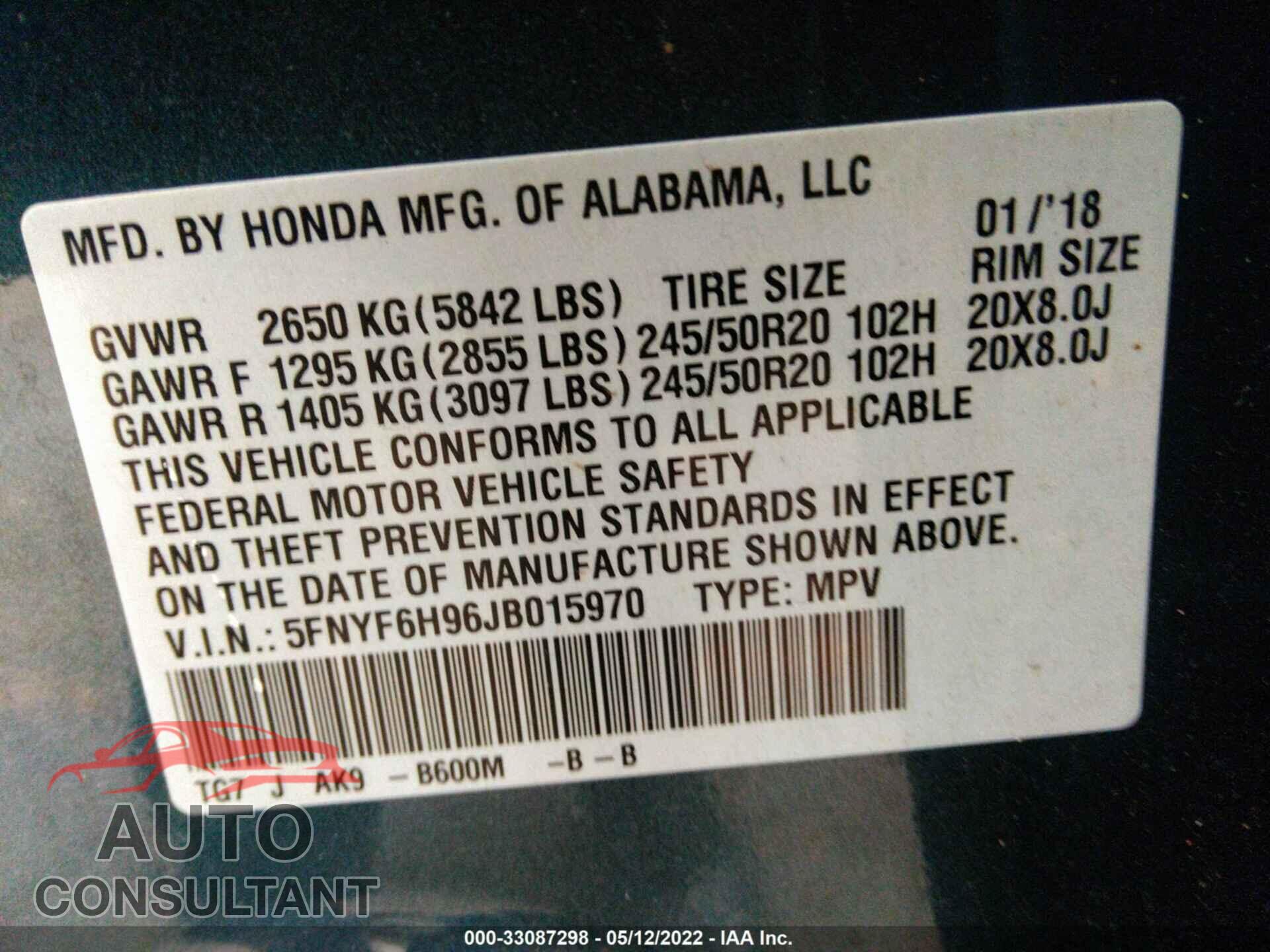 HONDA PILOT 2018 - 5FNYF6H96JB015970