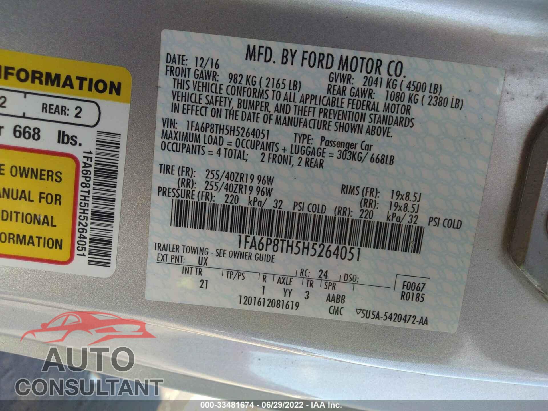 FORD MUSTANG 2017 - 1FA6P8TH5H5264051