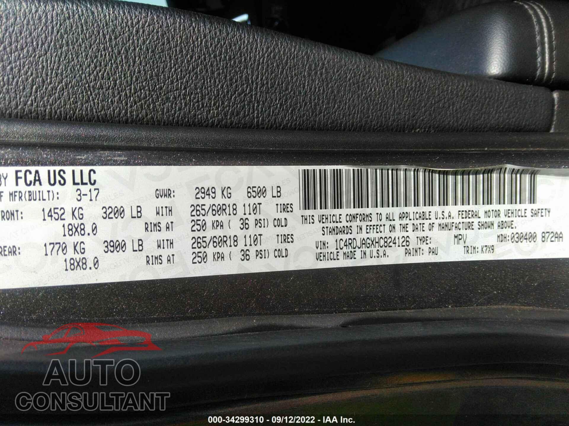 DODGE DURANGO 2017 - 1C4RDJAGXHC824126
