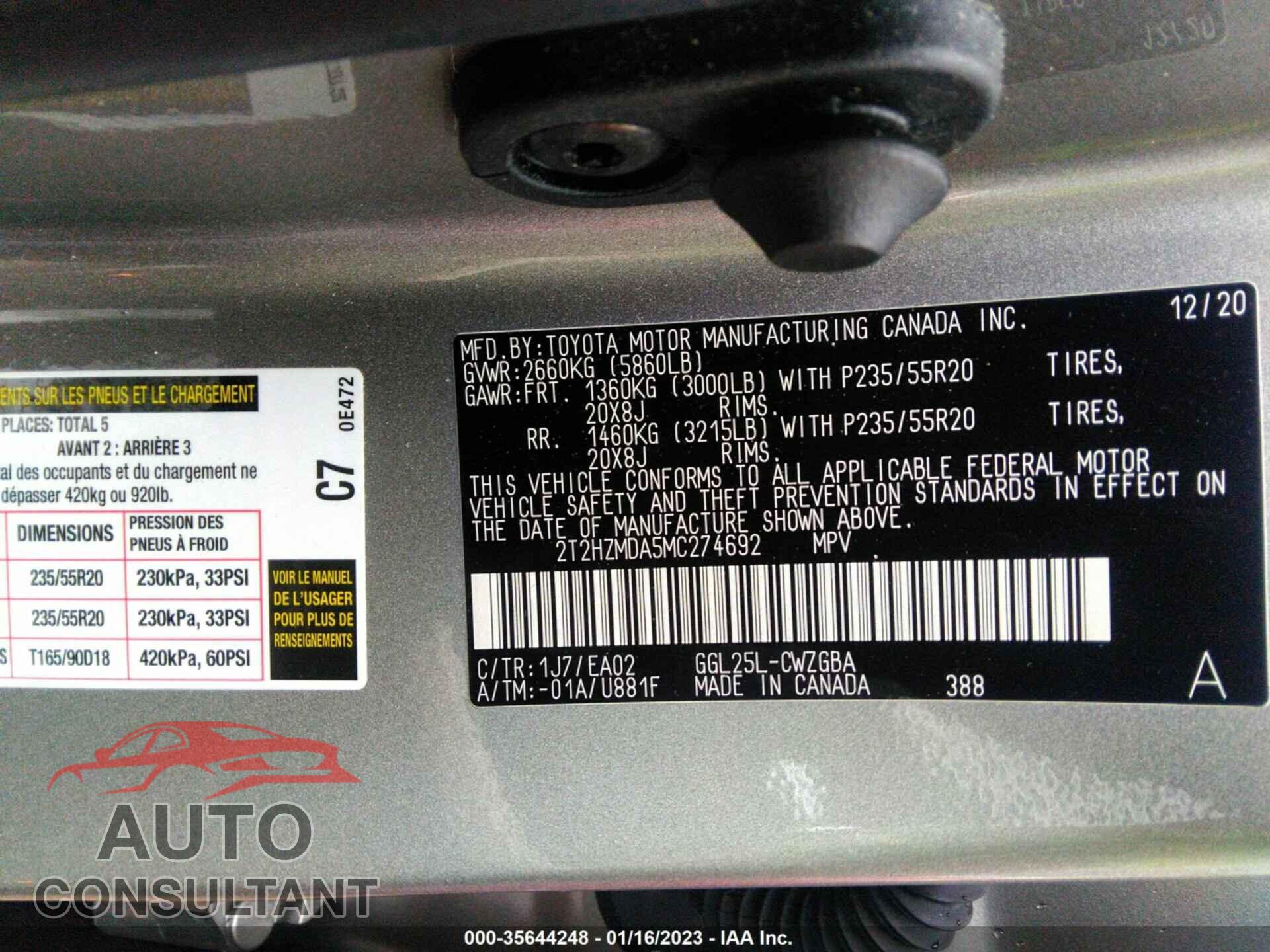 LEXUS RX 2021 - 2T2HZMDA5MC274692