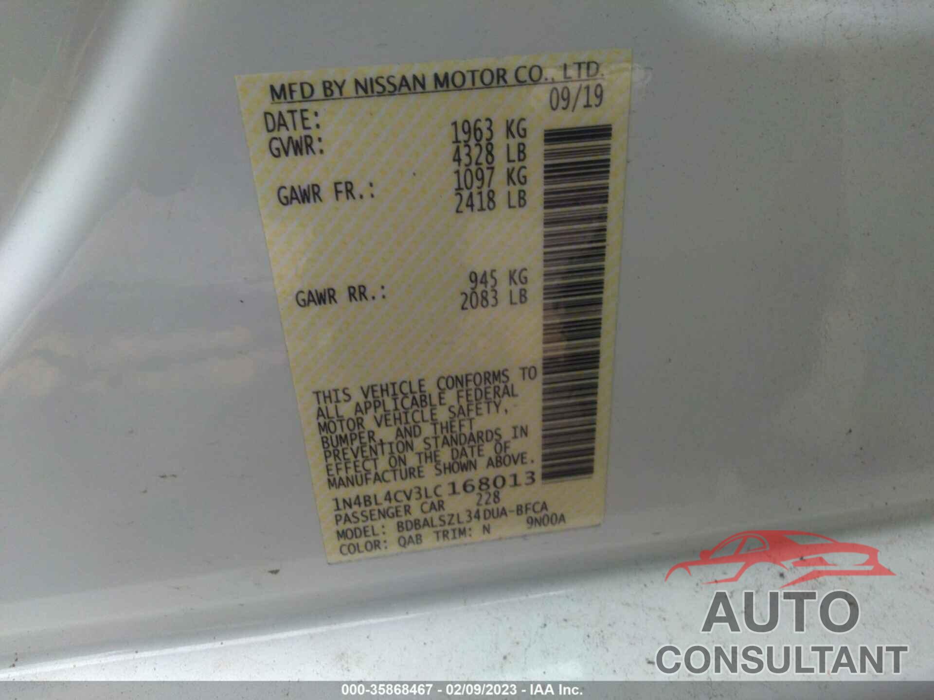NISSAN ALTIMA 2020 - 1N4BL4CV3LC168013