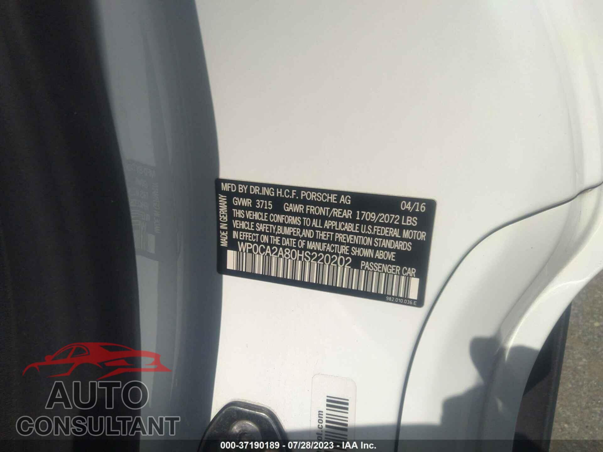 PORSCHE 718 BOXSTER 2017 - WP0CA2A80HS220202