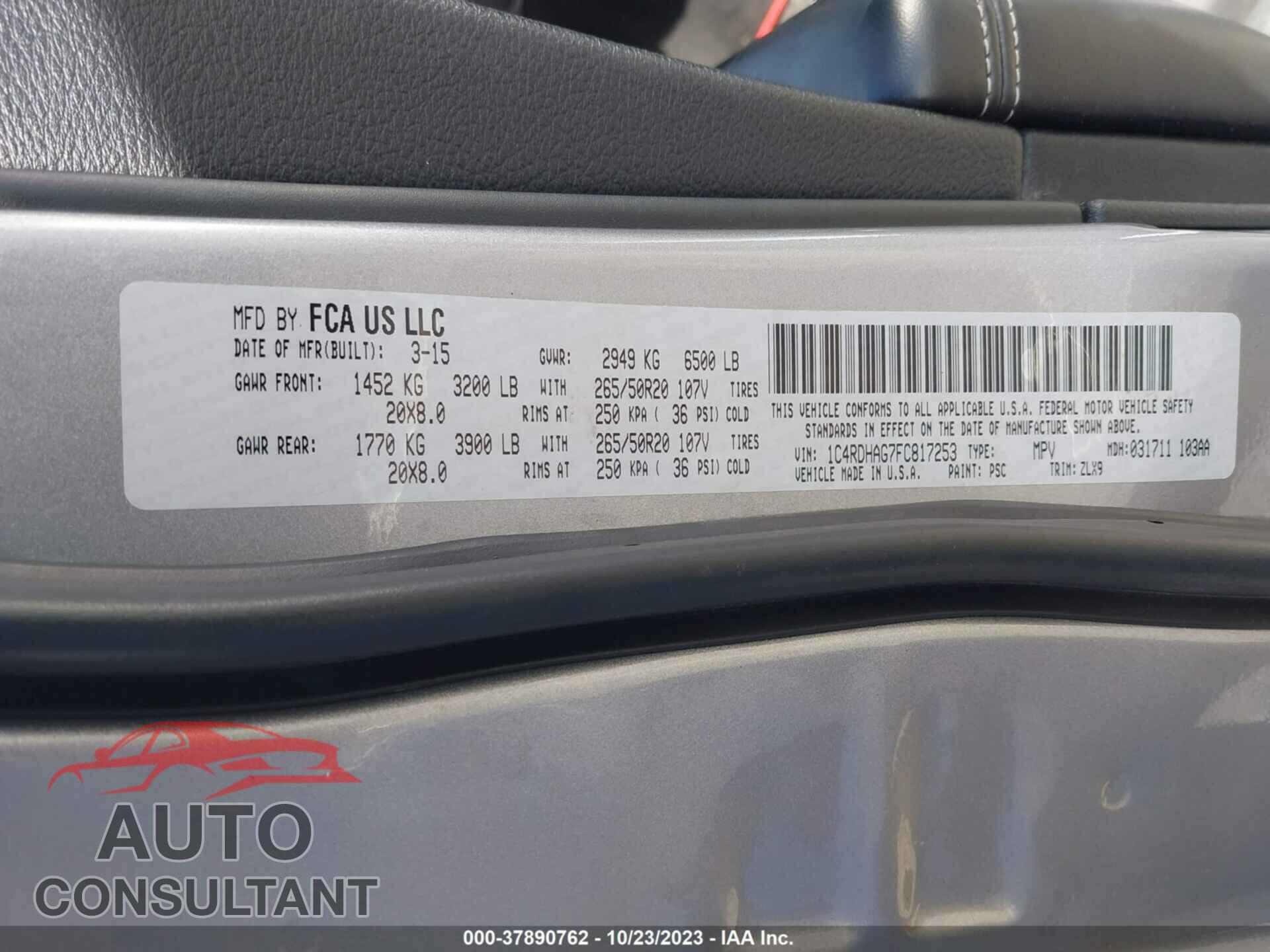 DODGE DURANGO 2015 - 1C4RDHAG7FC817253