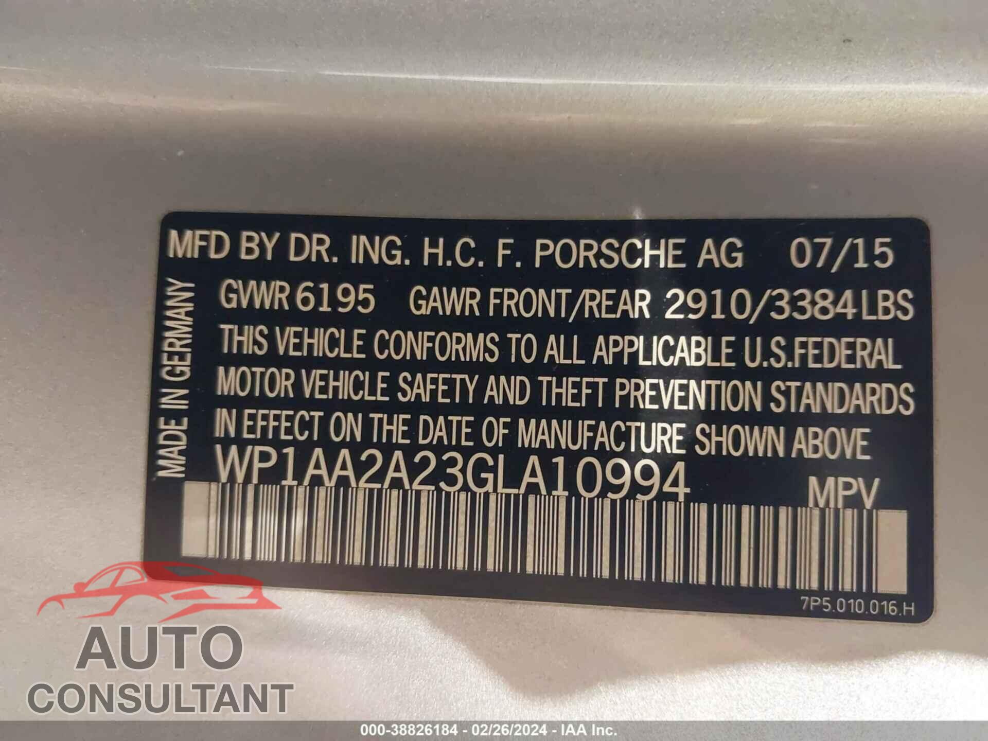 PORSCHE CAYENNE 2016 - WP1AA2A23GLA10994