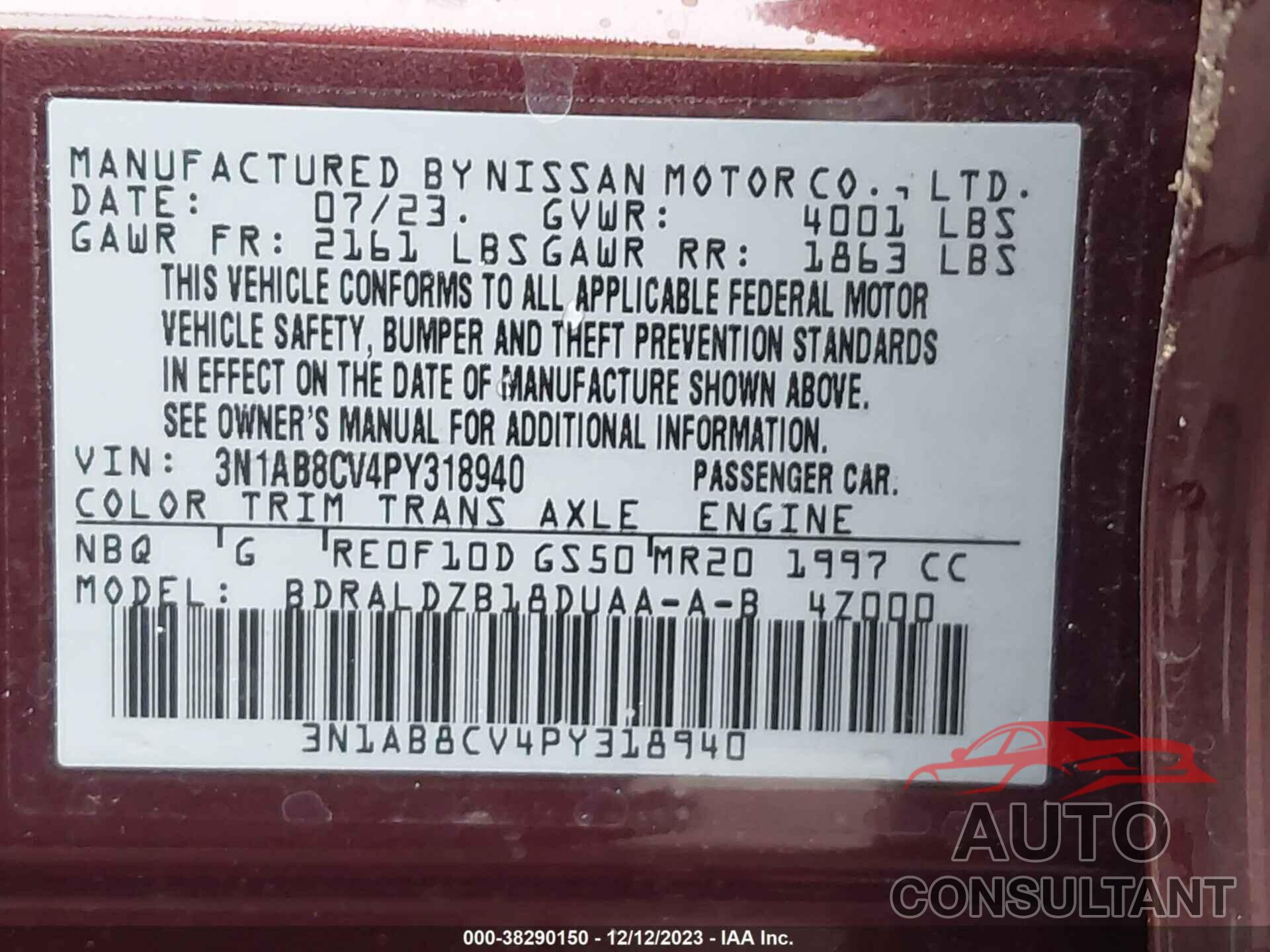 NISSAN SENTRA 2023 - 3N1AB8CV4PY318940