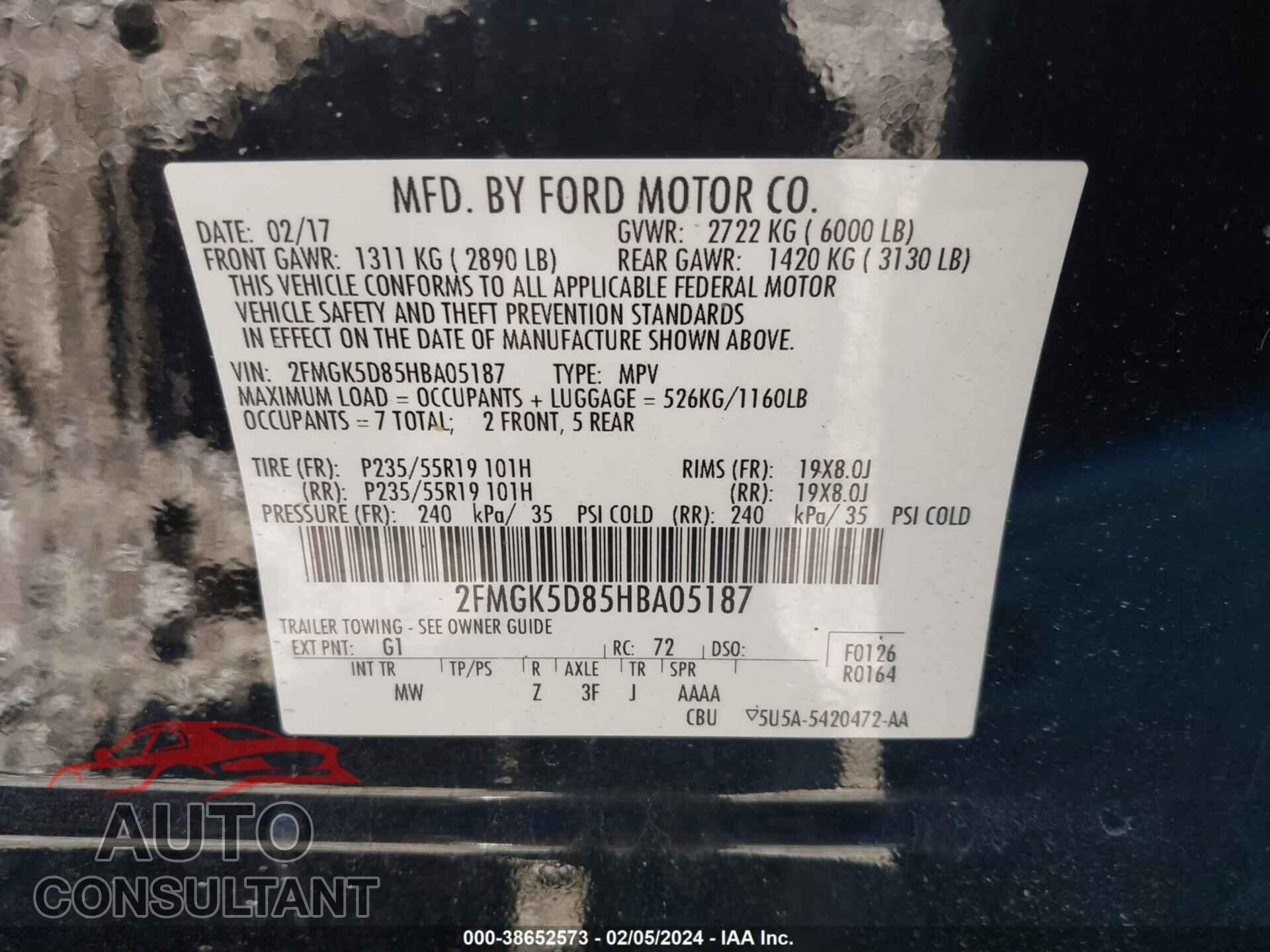 FORD FLEX 2017 - 2FMGK5D85HBA05187