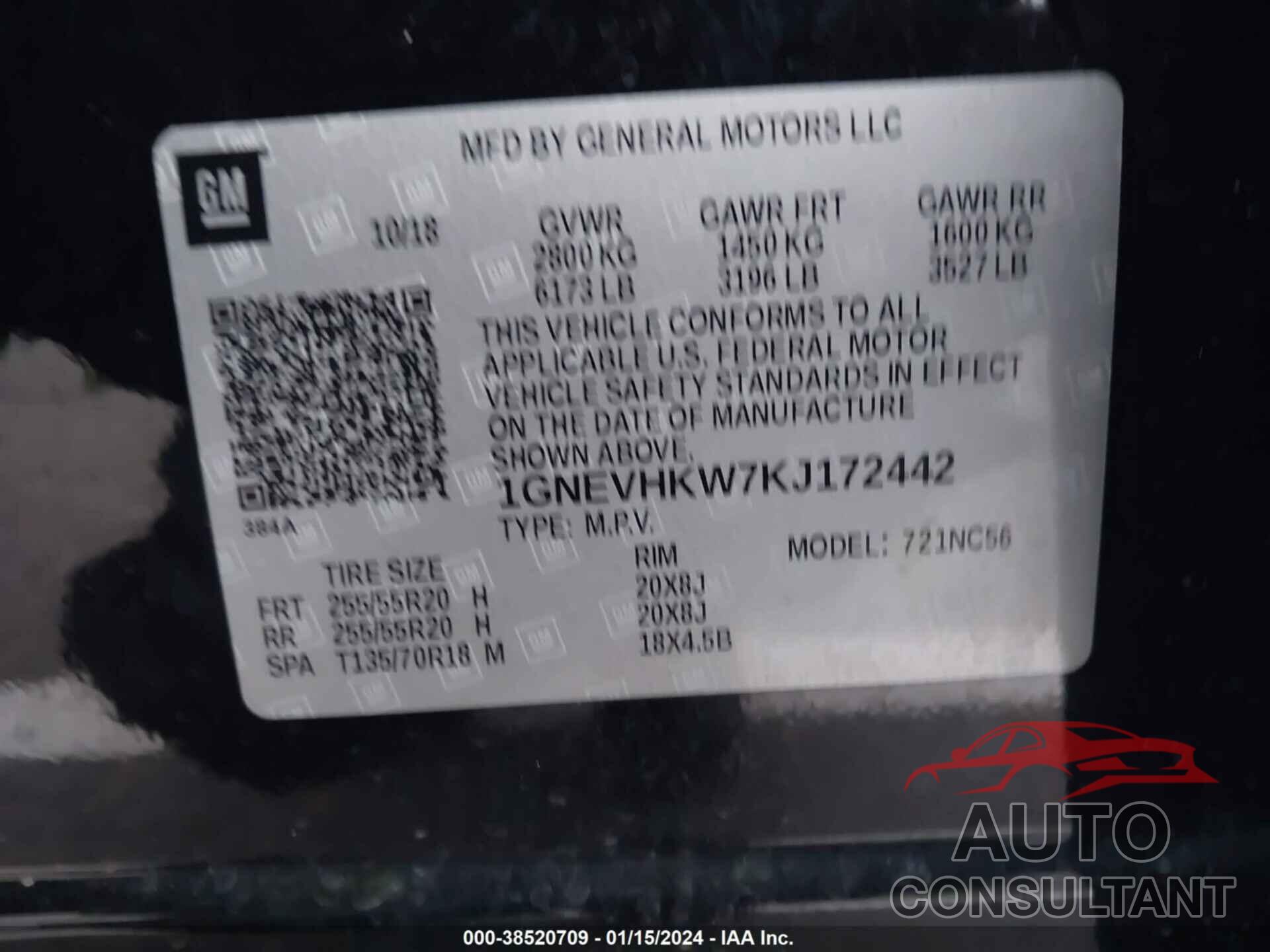 CHEVROLET TRAVERSE 2019 - 1GNEVHKW7KJ172442