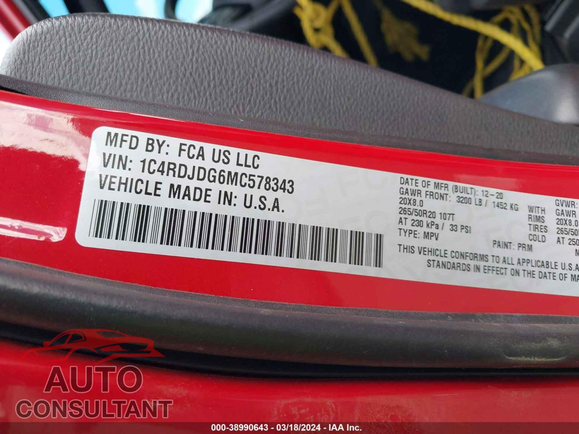 DODGE DURANGO 2021 - 1C4RDJDG6MC578343