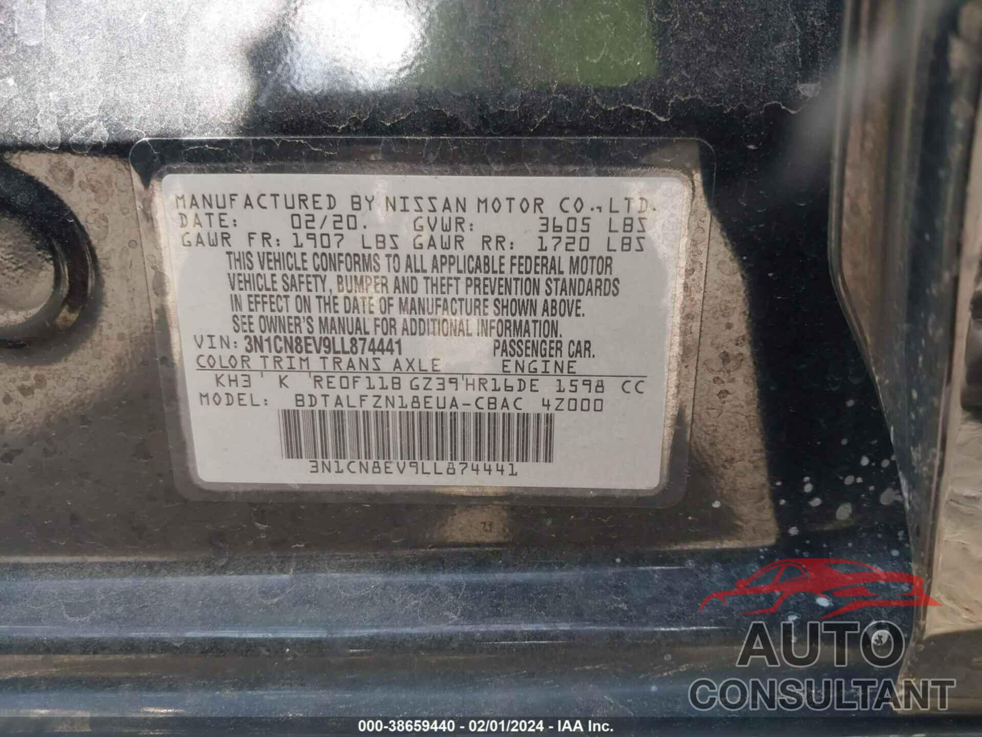 NISSAN VERSA 2020 - 3N1CN8EV9LL874441