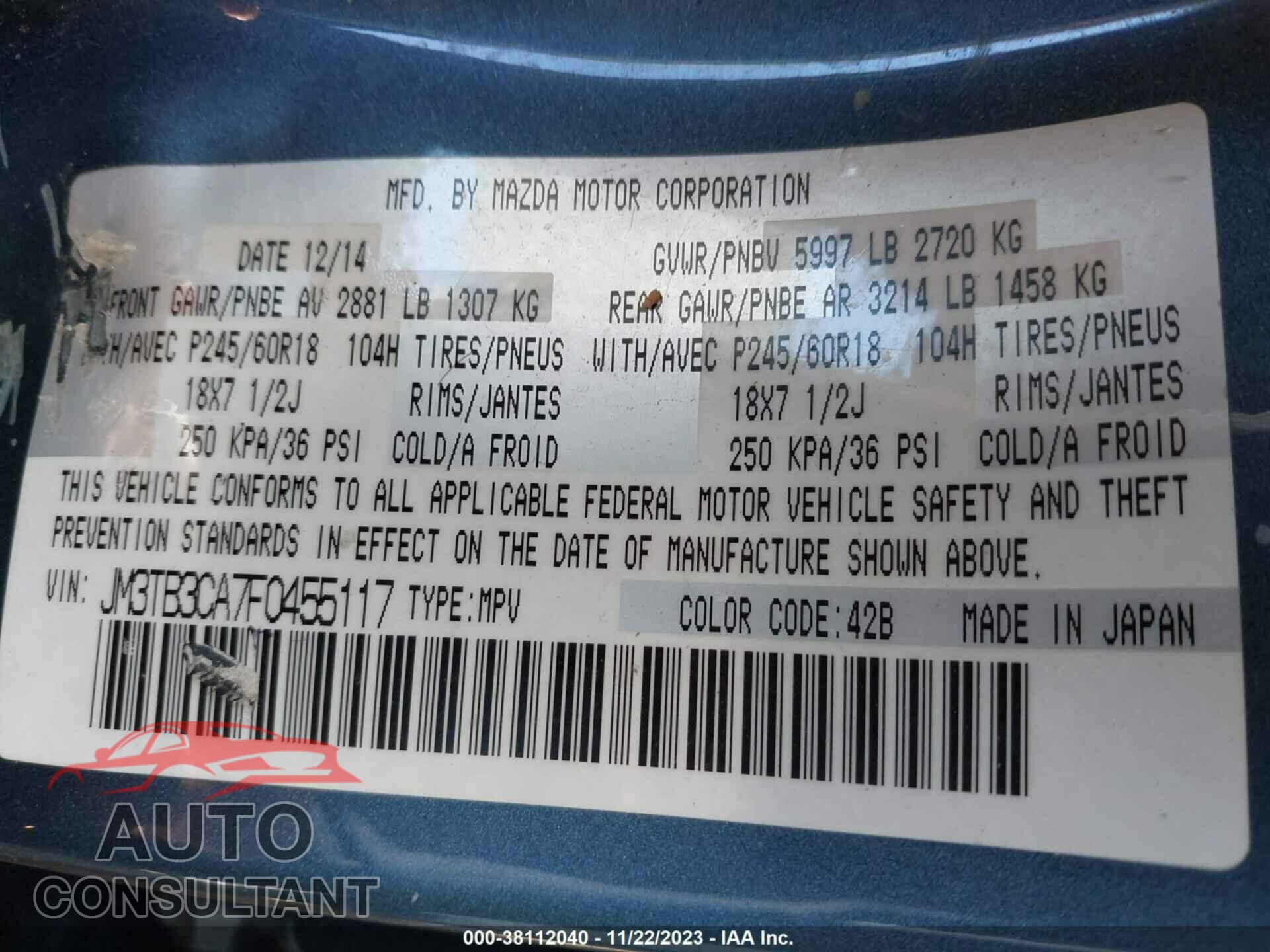MAZDA CX-9 2015 - JM3TB3CA7F0455117