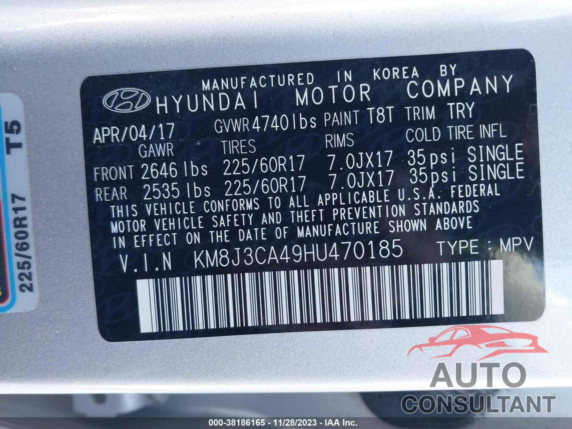 HYUNDAI TUCSON 2017 - KM8J3CA49HU470185