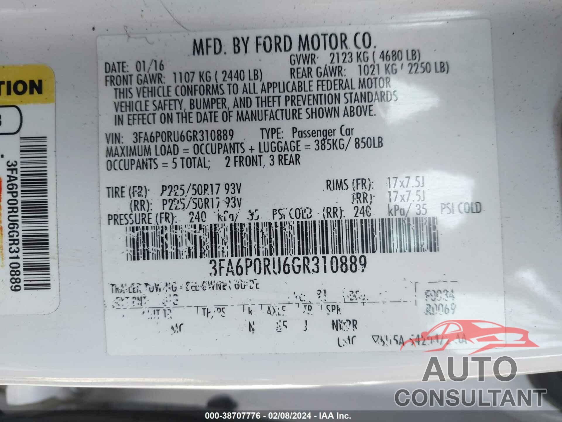 FORD FUSION HYBRID 2016 - 3FA6P0RU6GR310889