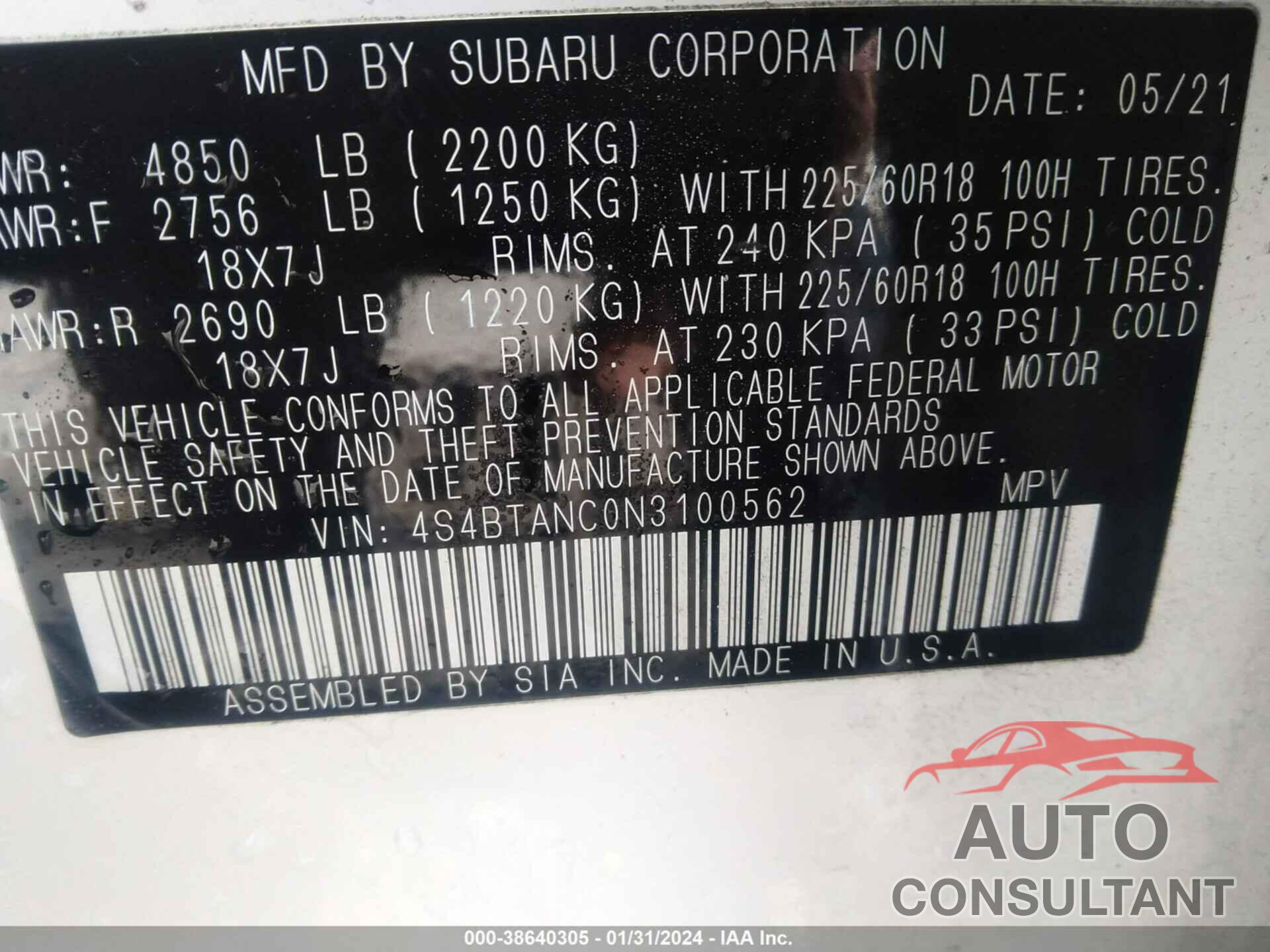 SUBARU OUTBACK 2022 - 4S4BTANC0N3100562