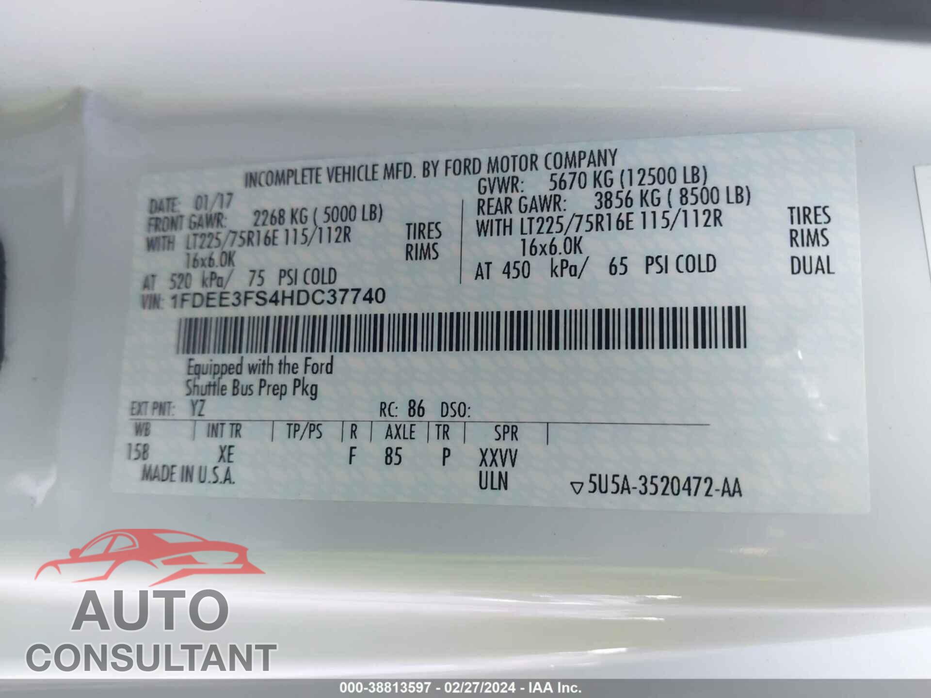 FORD E-350 CUTAWAY 2017 - 1FDEE3FS4HDC37740