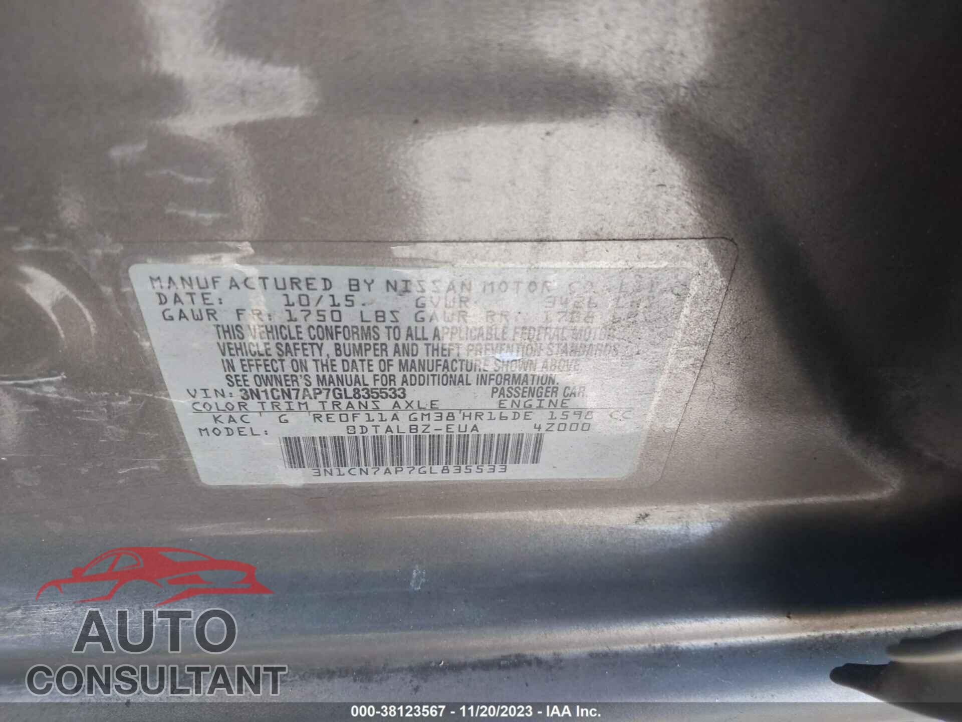 NISSAN VERSA 2016 - 3N1CN7AP7GL835533