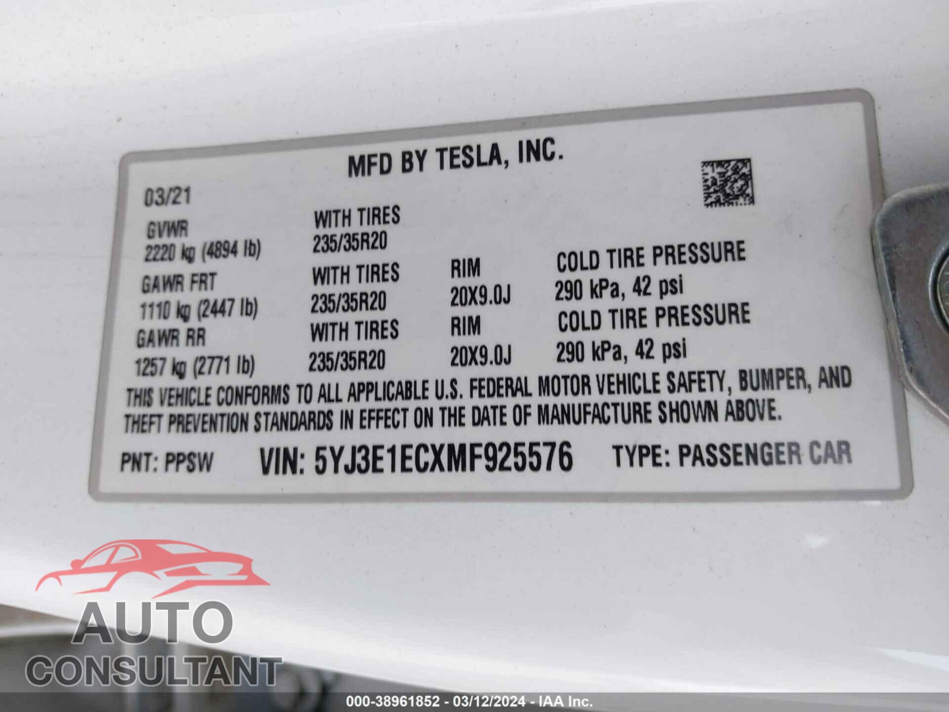 TESLA MODEL 3 2021 - 5YJ3E1ECXMF925576