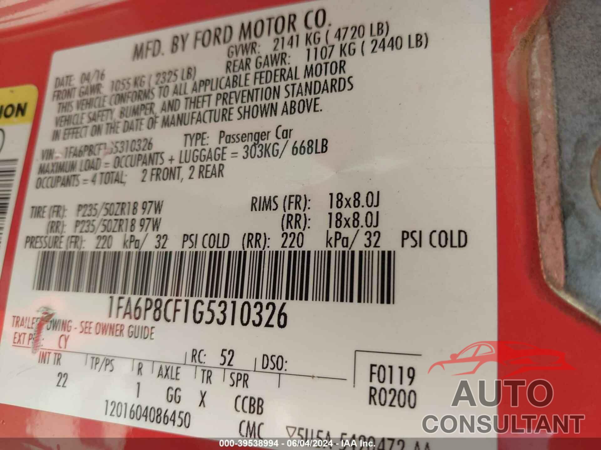 FORD MUSTANG 2016 - 1FA6P8CF1G5310326