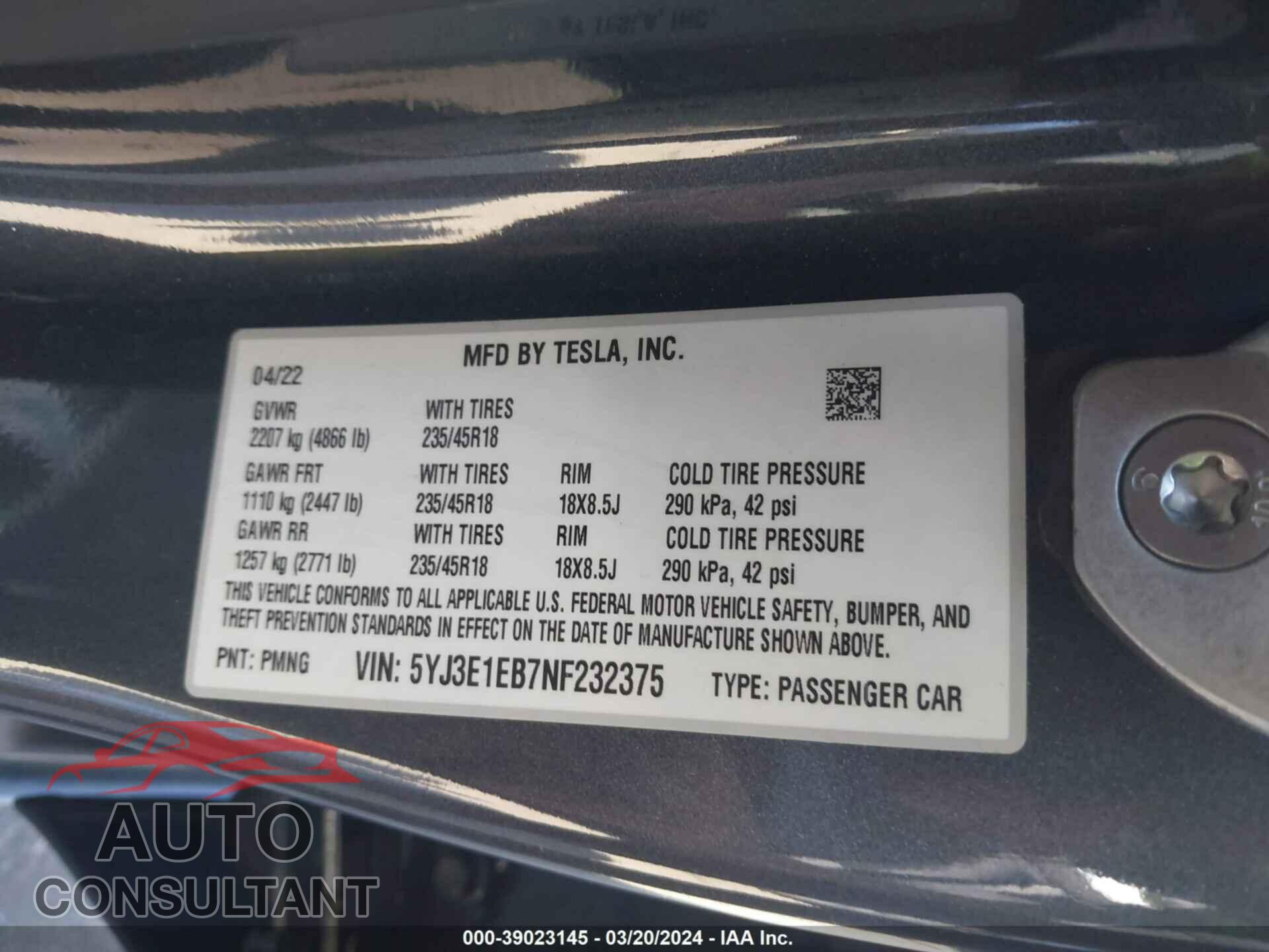 TESLA MODEL 3 2022 - 5YJ3E1EB7NF232375
