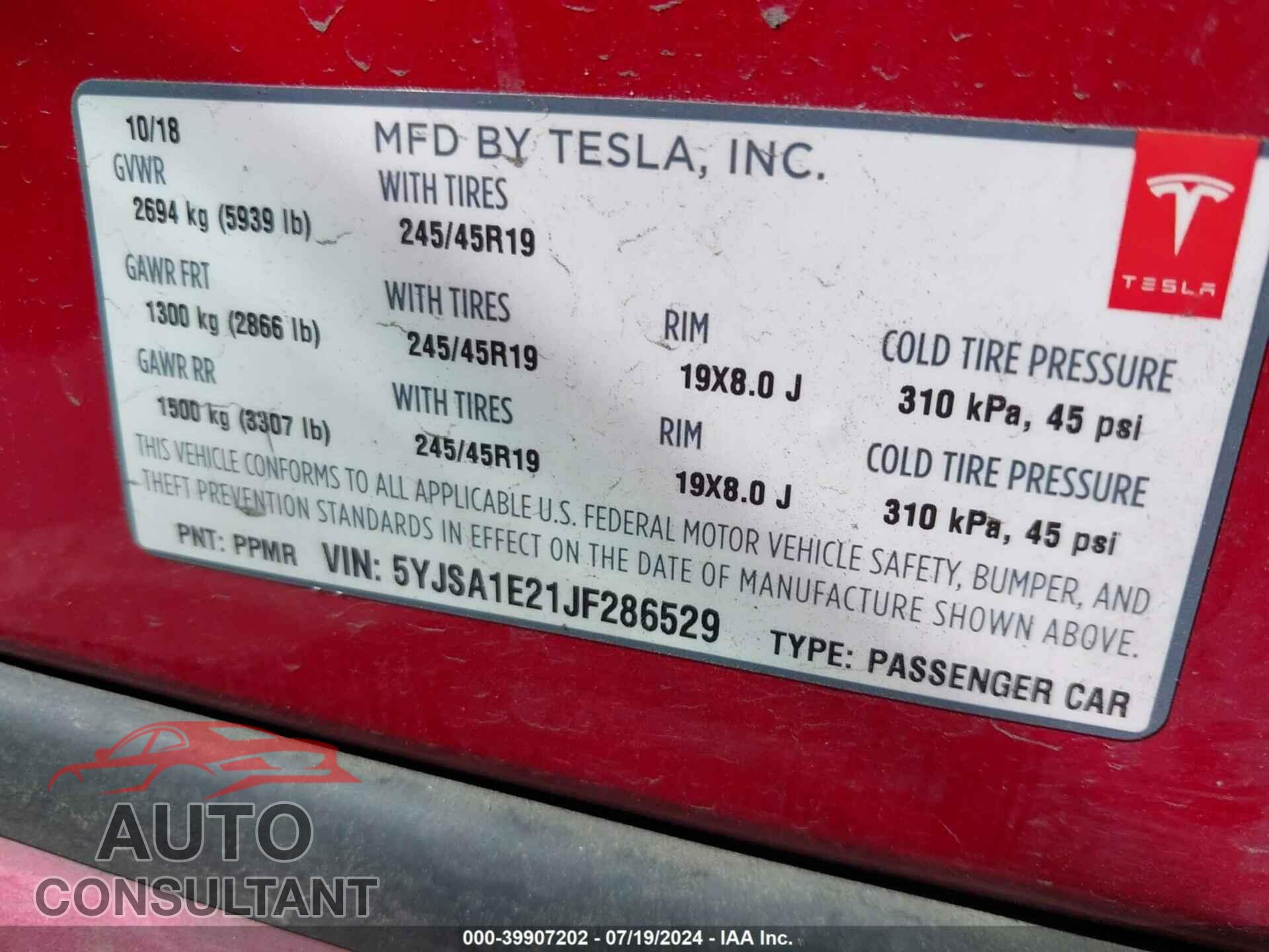 TESLA MODEL S 2018 - 5YJSA1E21JF286529