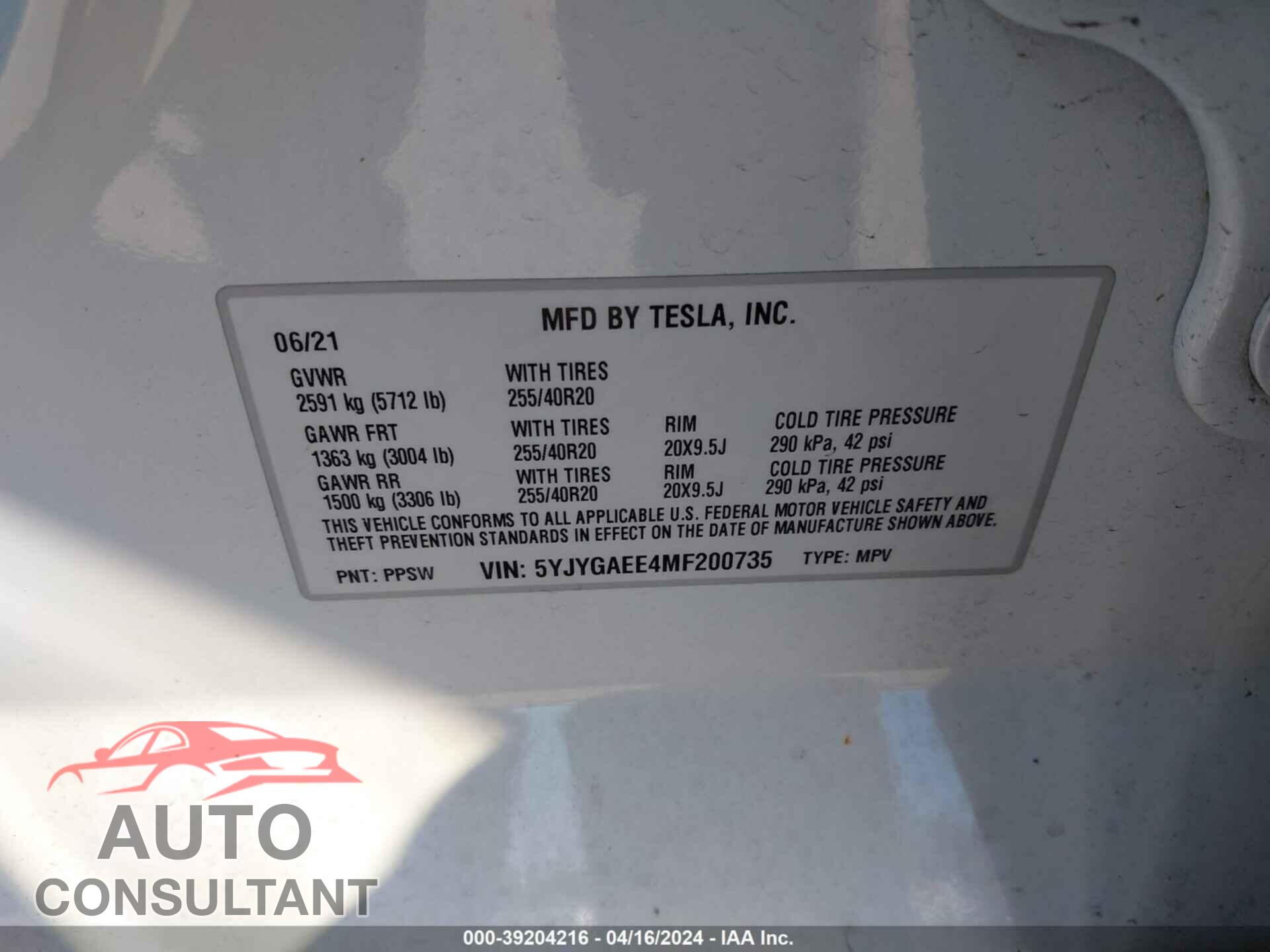 TESLA MODEL Y 2021 - 5YJYGAEE4MF200735