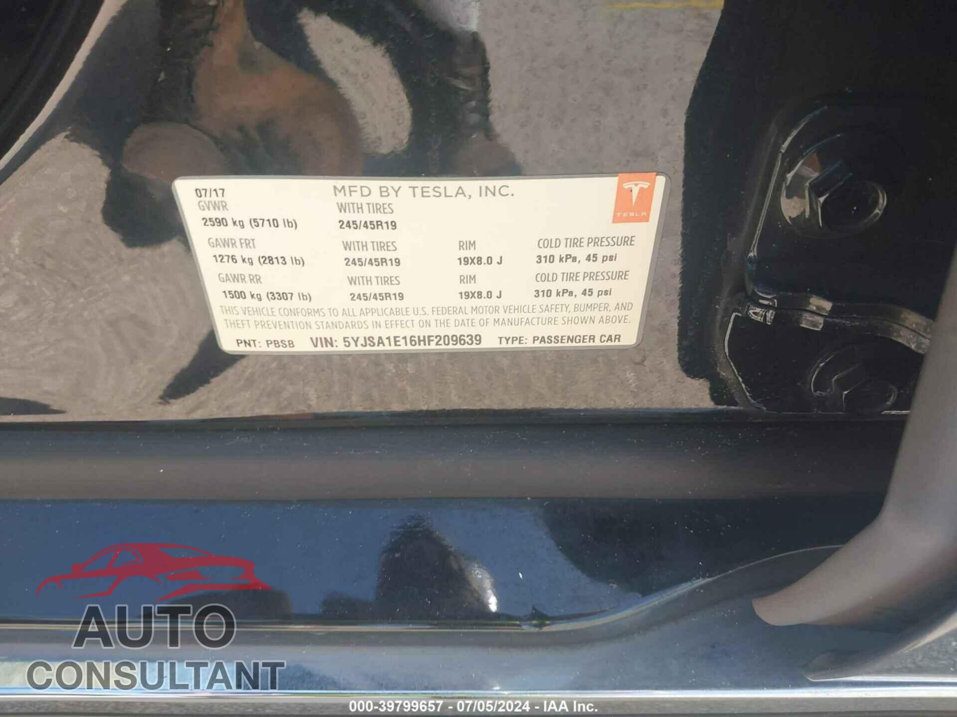 TESLA MODEL S 2017 - 5YJSA1E16HF209639