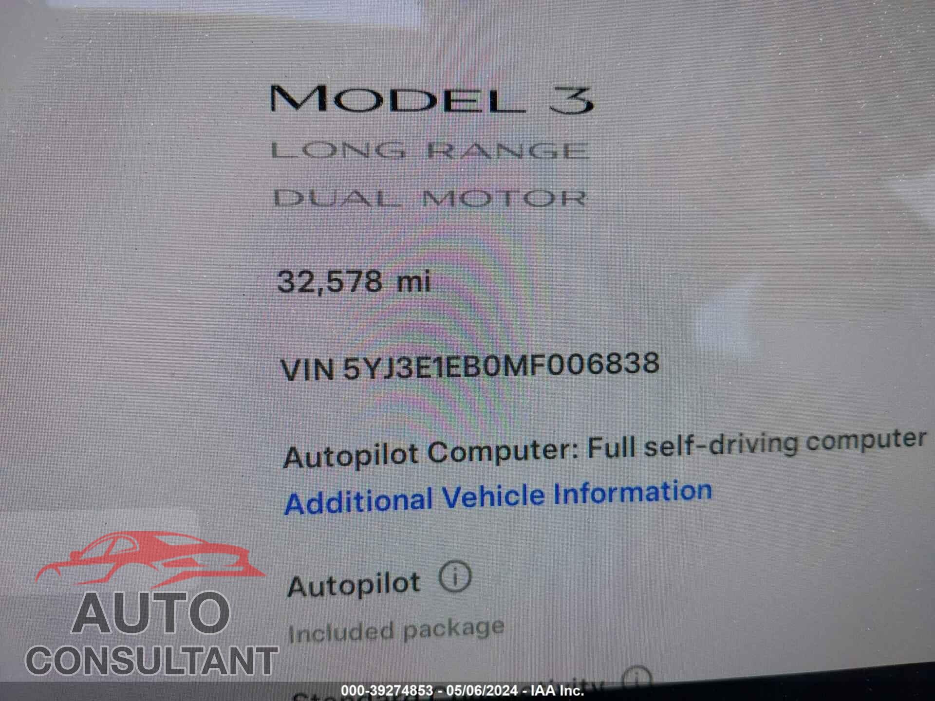 TESLA MODEL 3 2021 - 5YJ3E1EB0MF006838