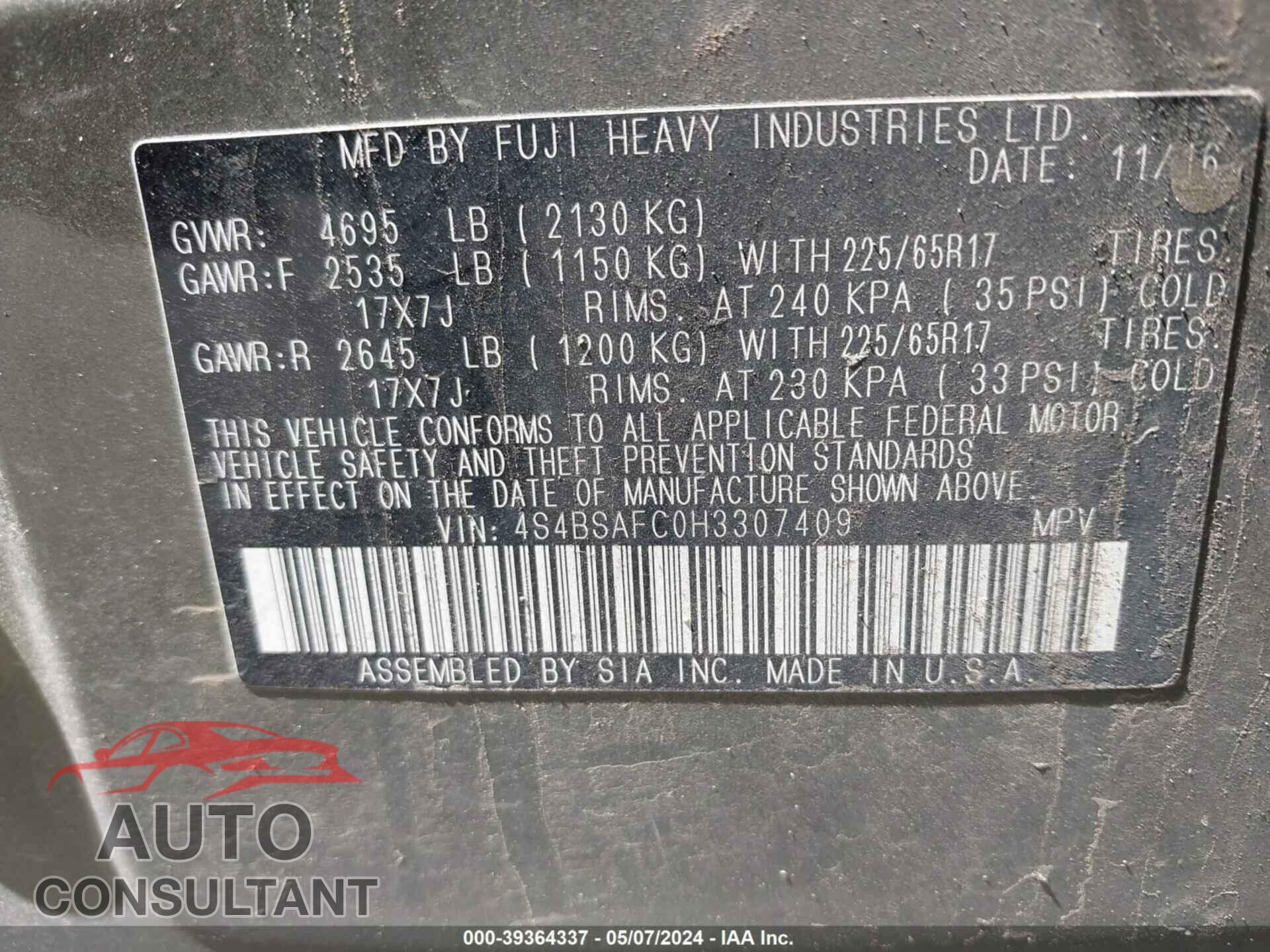 SUBARU OUTBACK 2017 - 4S4BSAFC0H3307409