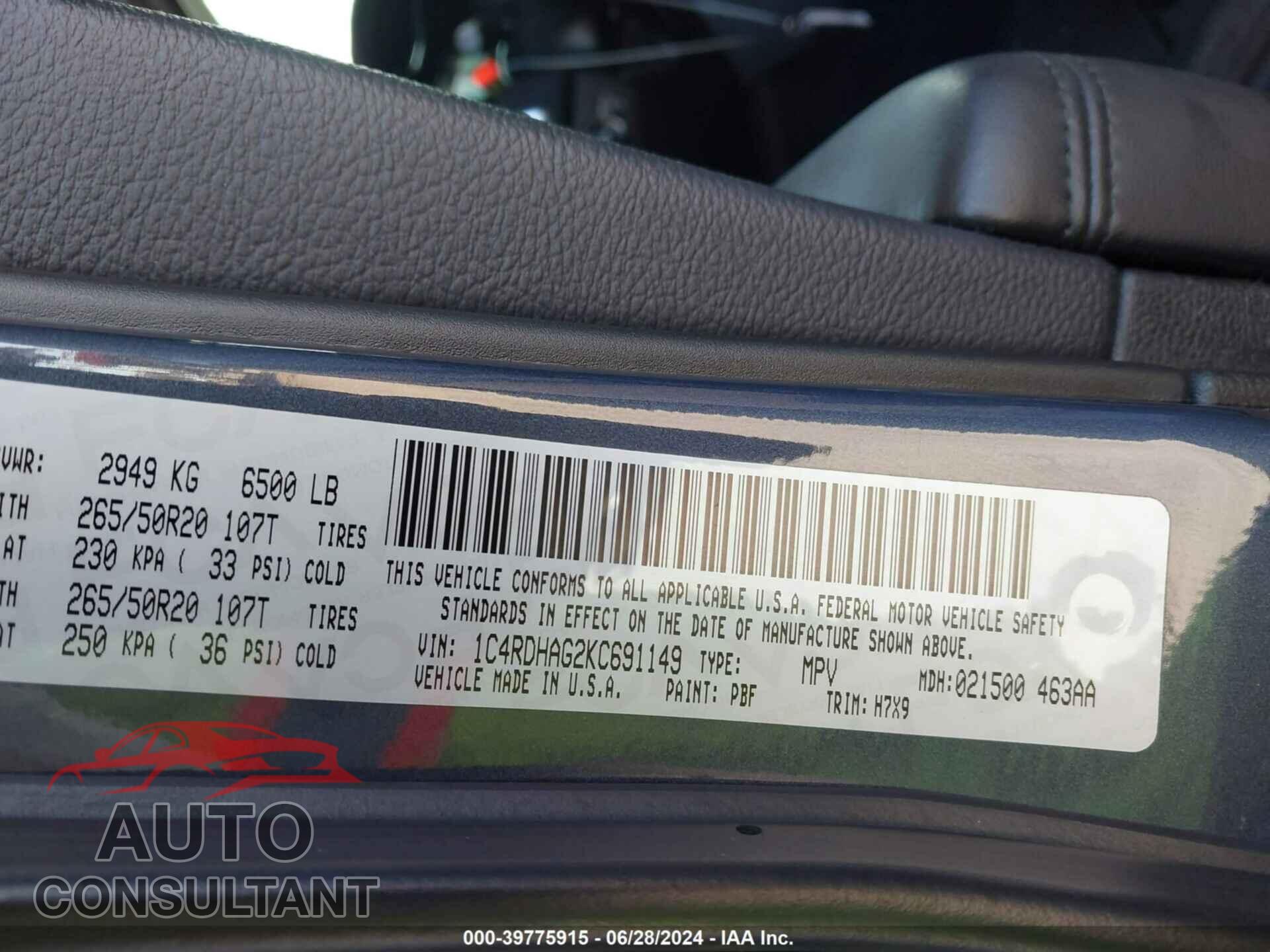 DODGE DURANGO 2019 - 1C4RDHAG2KC691149