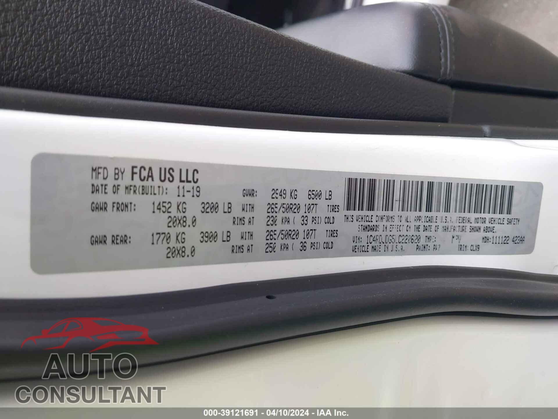 DODGE DURANGO 2020 - 1C4RDJDG5LC220620