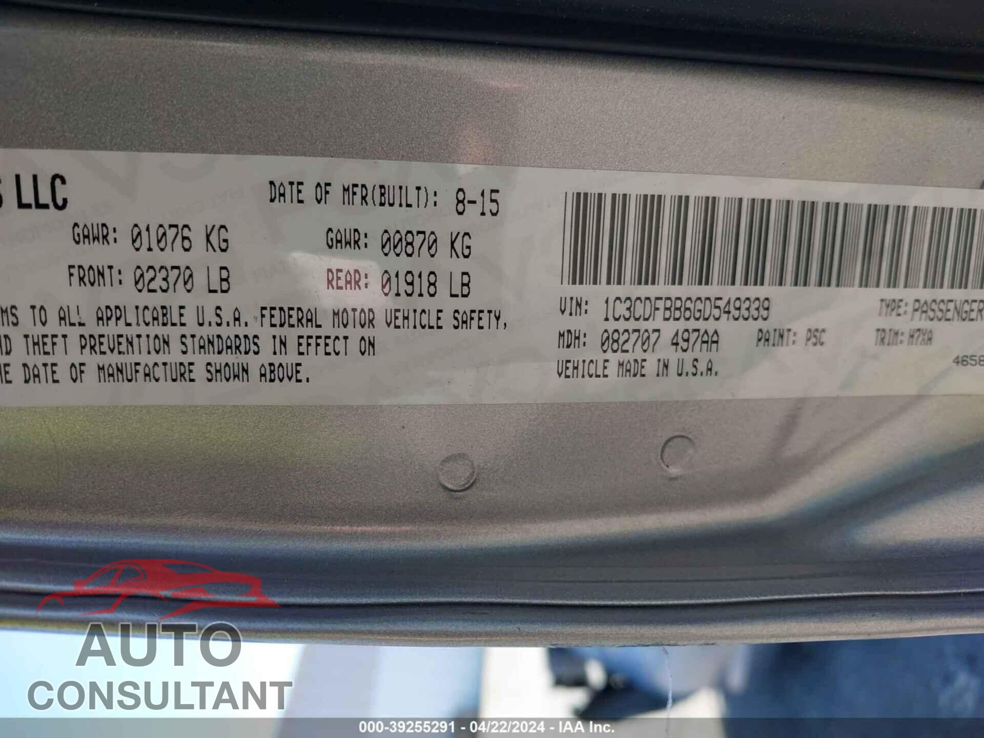 DODGE DART 2016 - 1C3CDFBB6GD549339