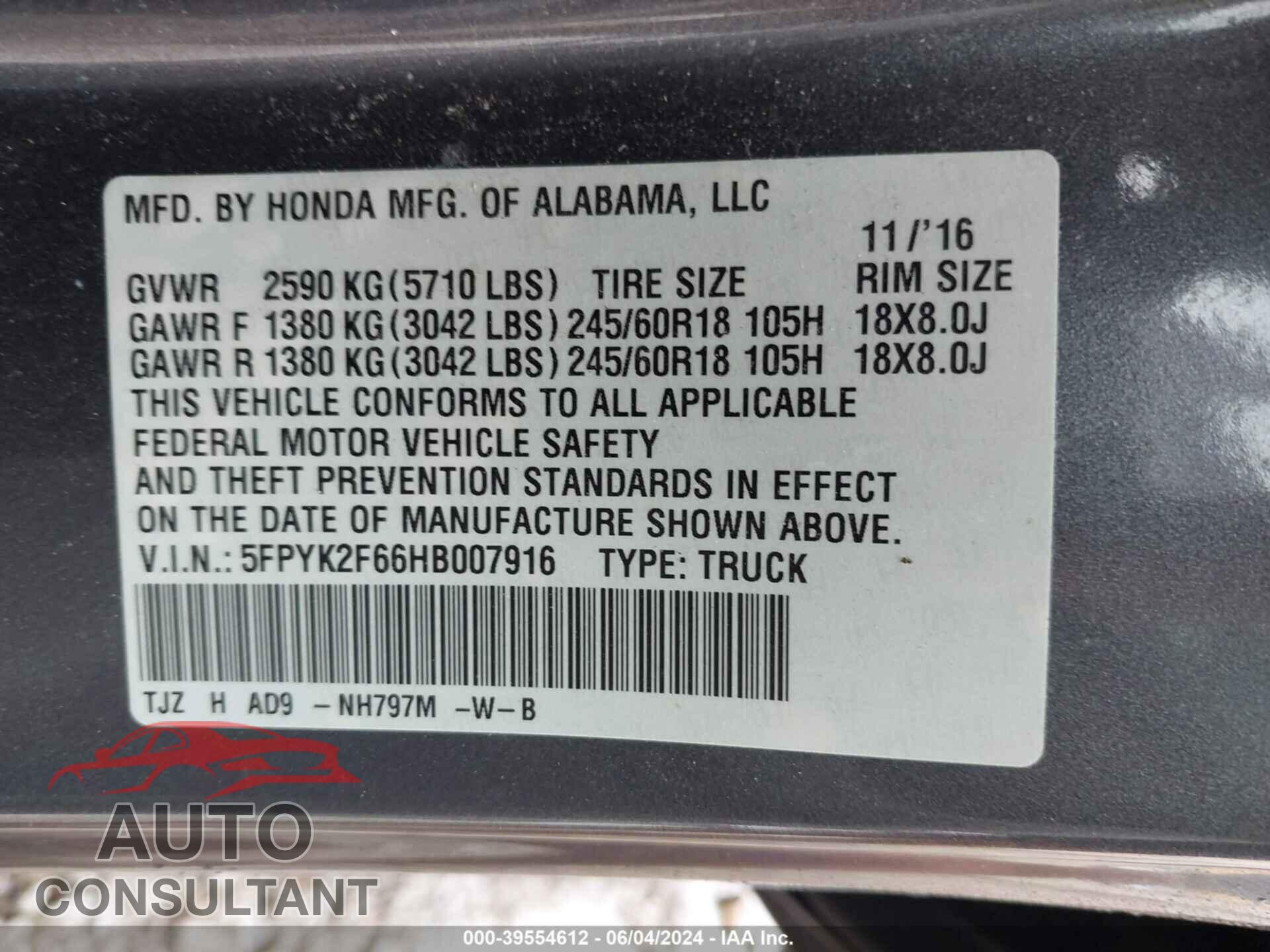 HONDA RIDGELINE 2017 - 5FPYK2F66HB007916