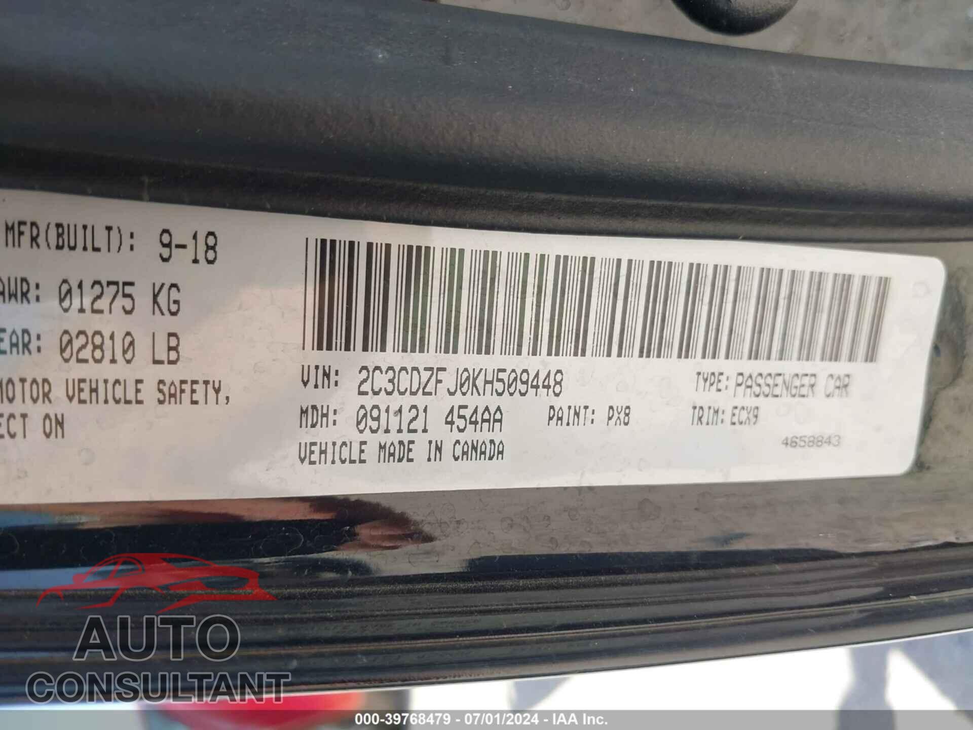 DODGE CHALLENGER 2019 - 2C3CDZFJ0KH509448