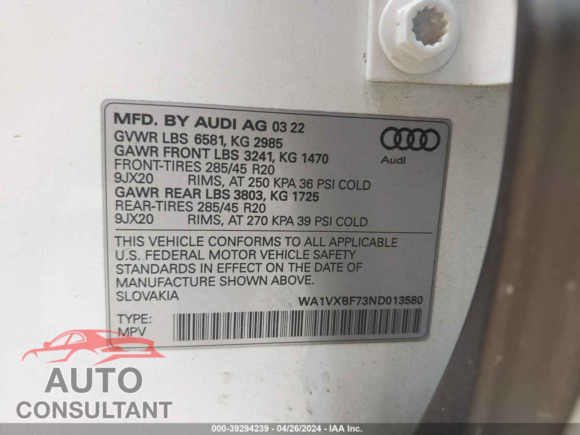 AUDI Q7 2022 - WA1VXBF73ND013580