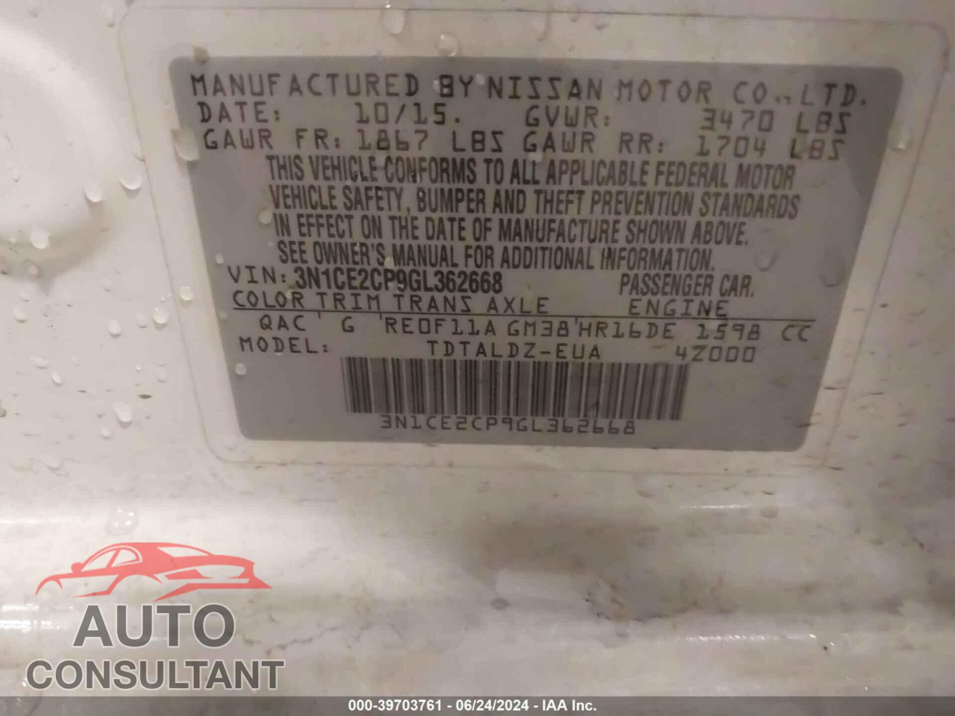 NISSAN VERSA NOTE 2016 - 3N1CE2CP9GL362668