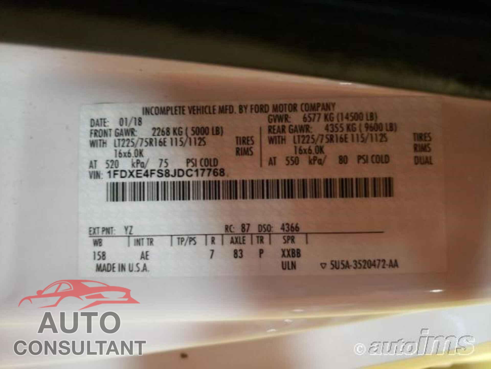 FORD E-450 CUTAWAY 2018 - 1FDXE4FS8JDC17768
