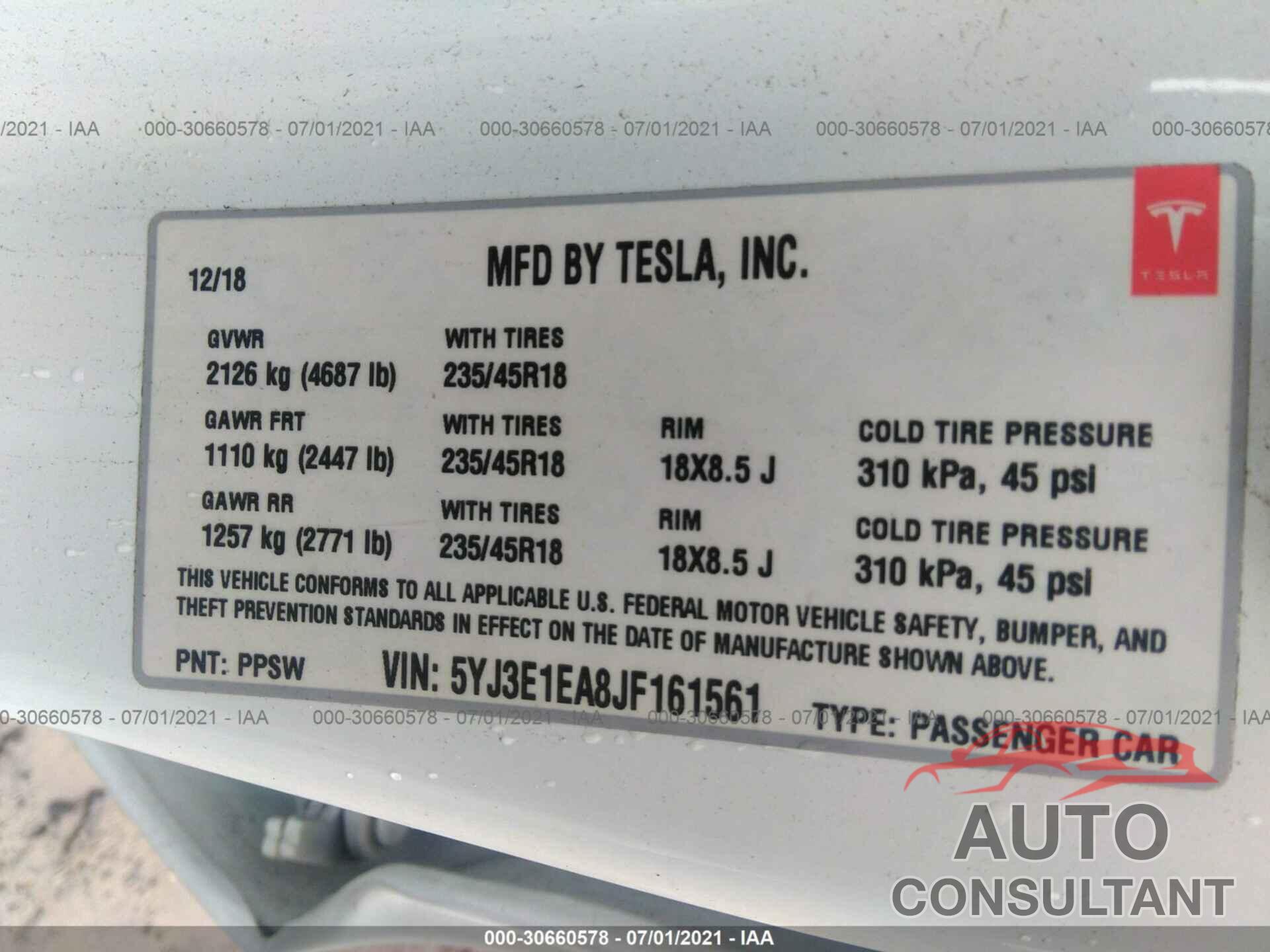 TESLA MODEL 3 2018 - 5YJ3E1EA8JF161561