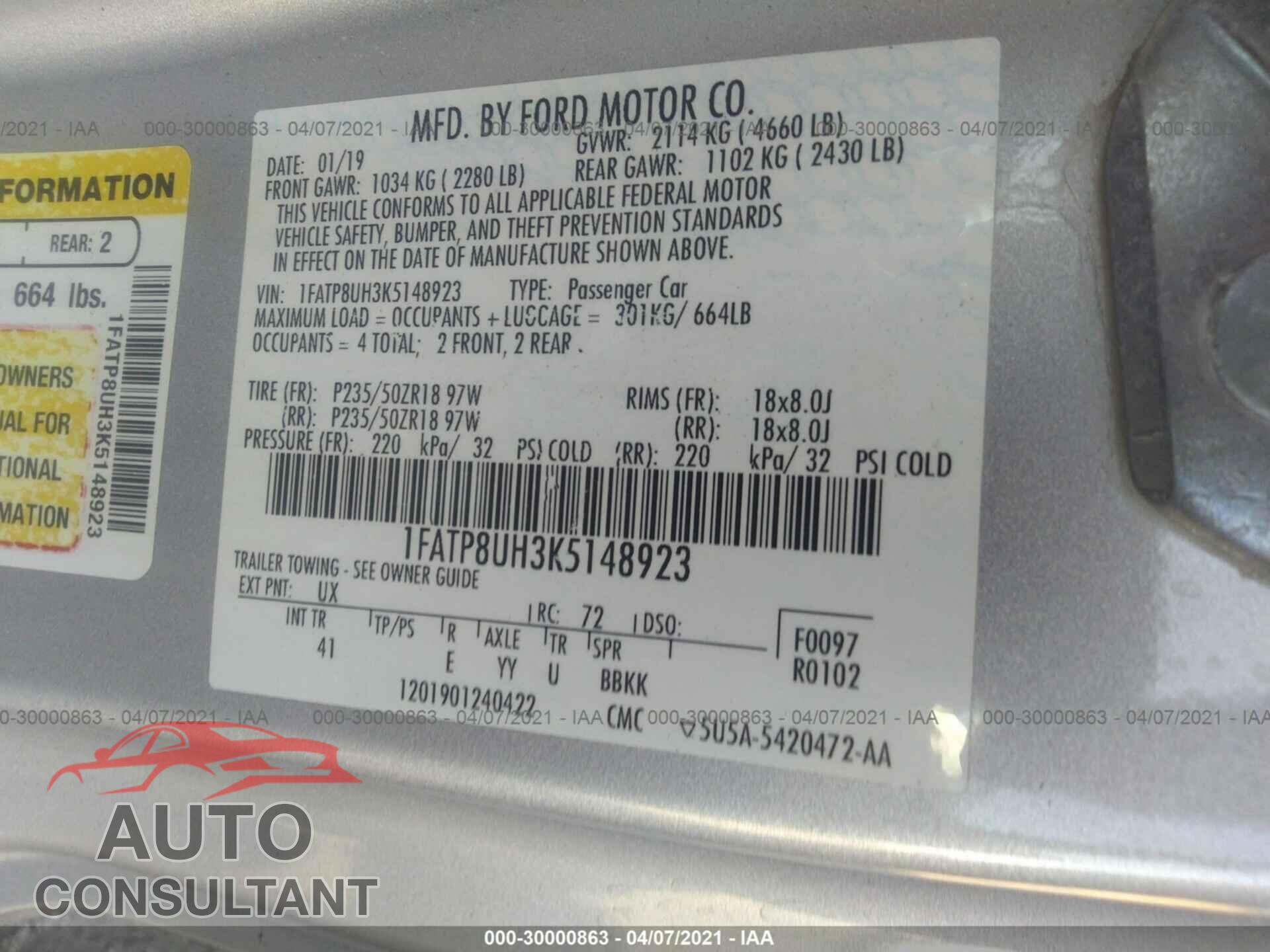 FORD MUSTANG 2019 - 1FATP8UH3K5148923