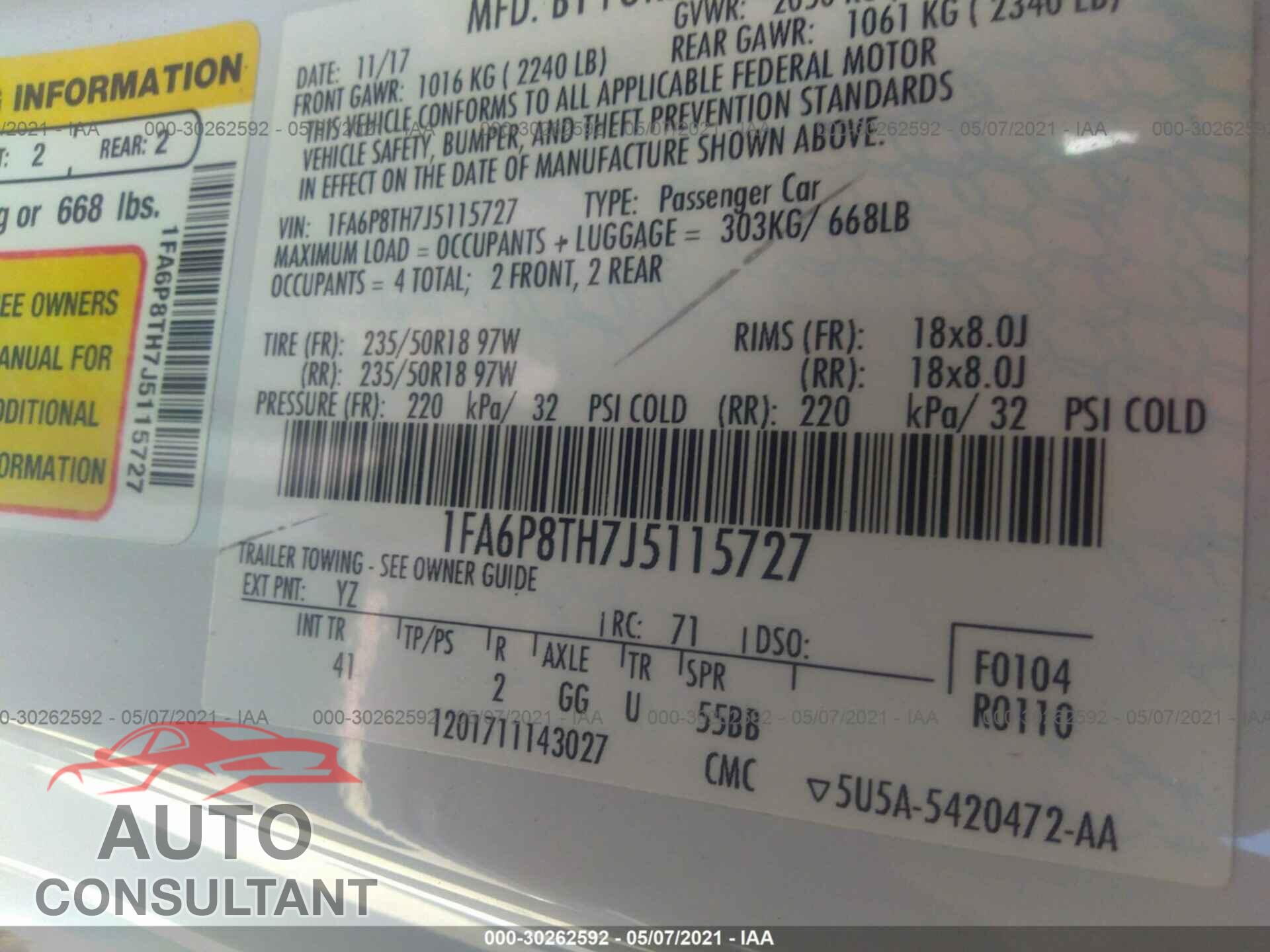 FORD MUSTANG 2018 - 1FA6P8TH7J5115727