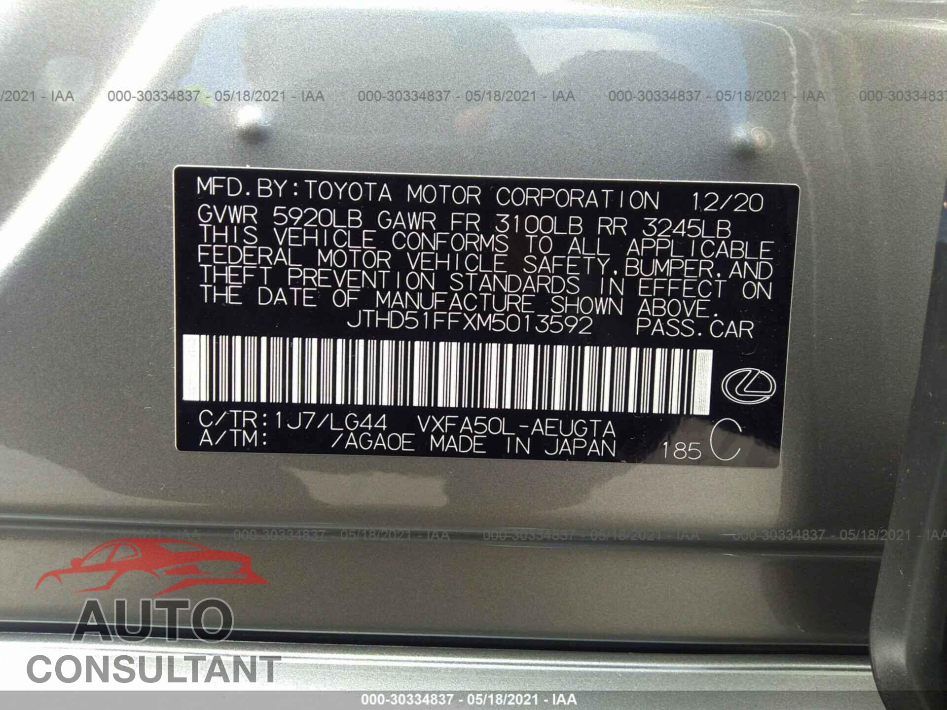LEXUS LS 2021 - JTHD51FFXM5013592