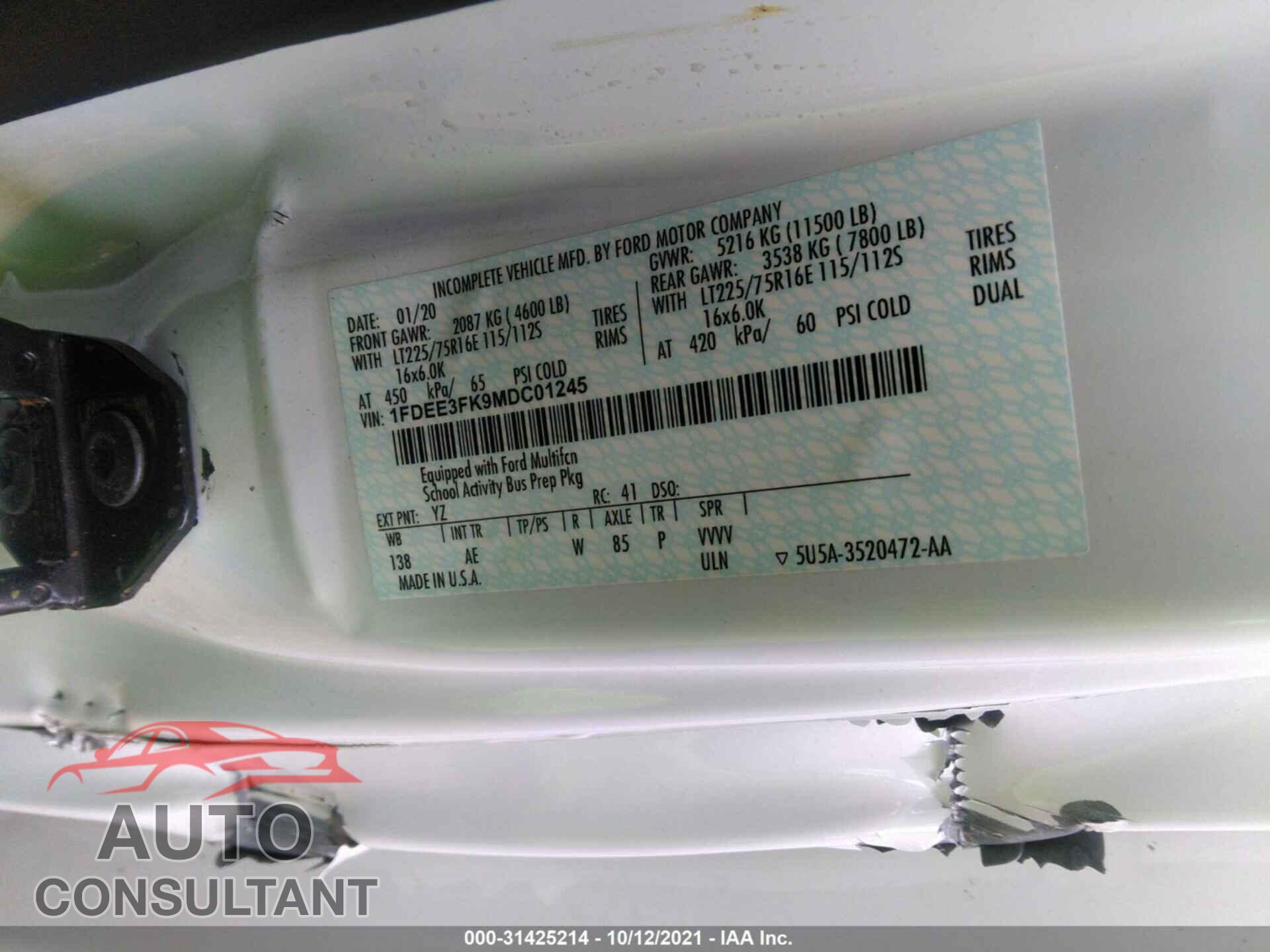 FORD E-SERIES CUTAWAY 2021 - 1FDEE3FK9MDC01245