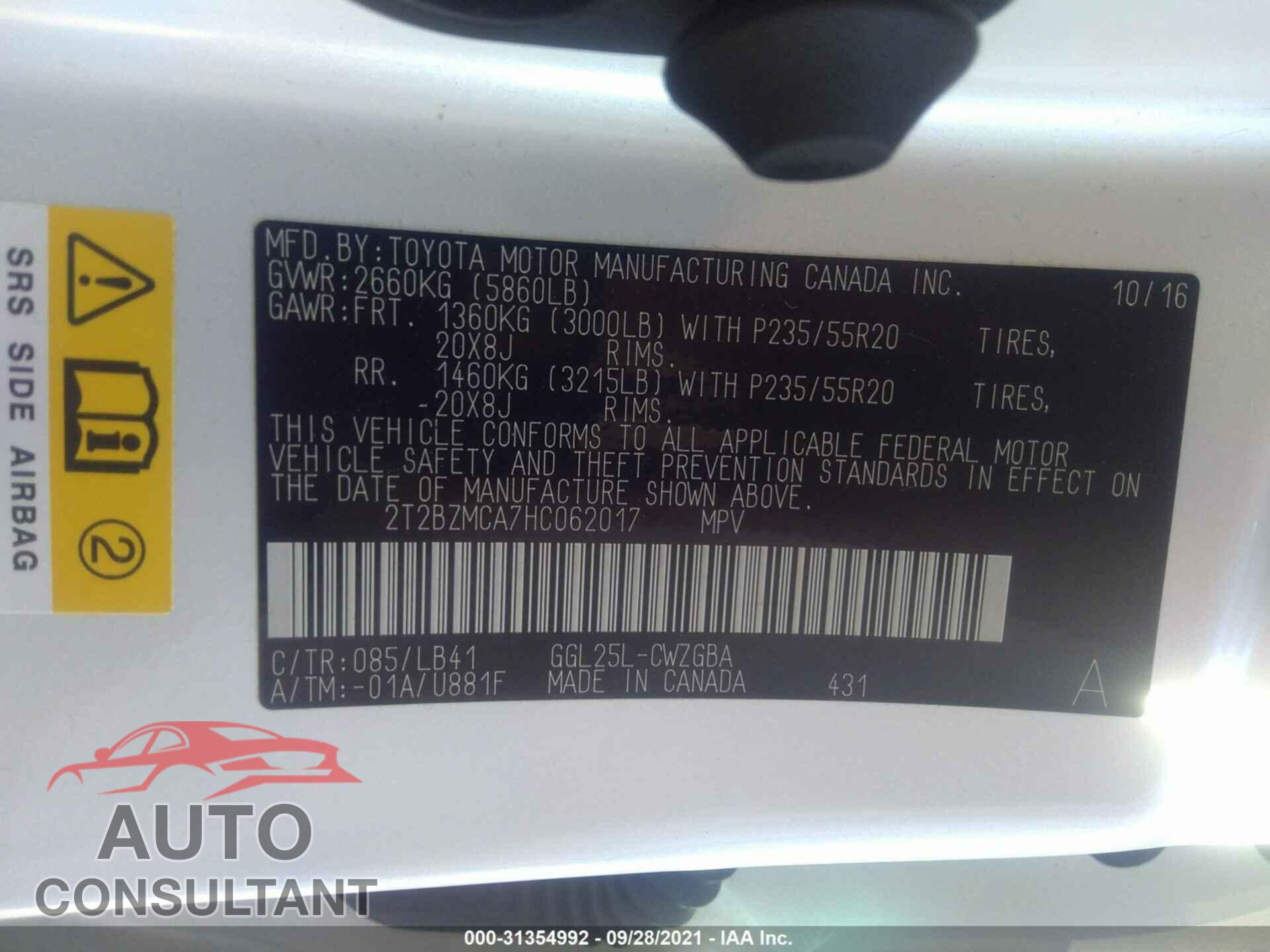 LEXUS RX 2017 - 2T2BZMCA7HC062017