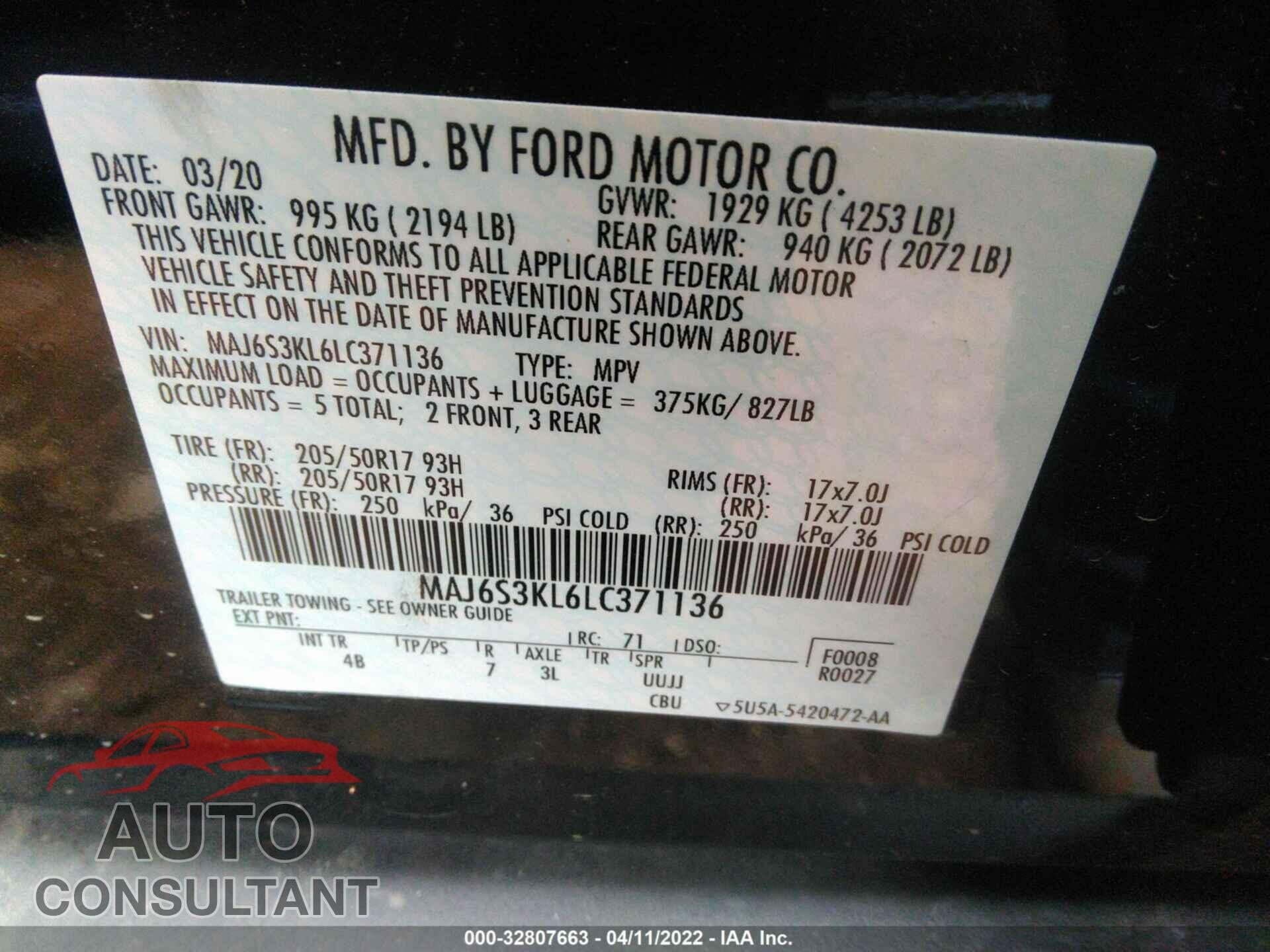 FORD ECOSPORT 2020 - MAJ6S3KL6LC371136